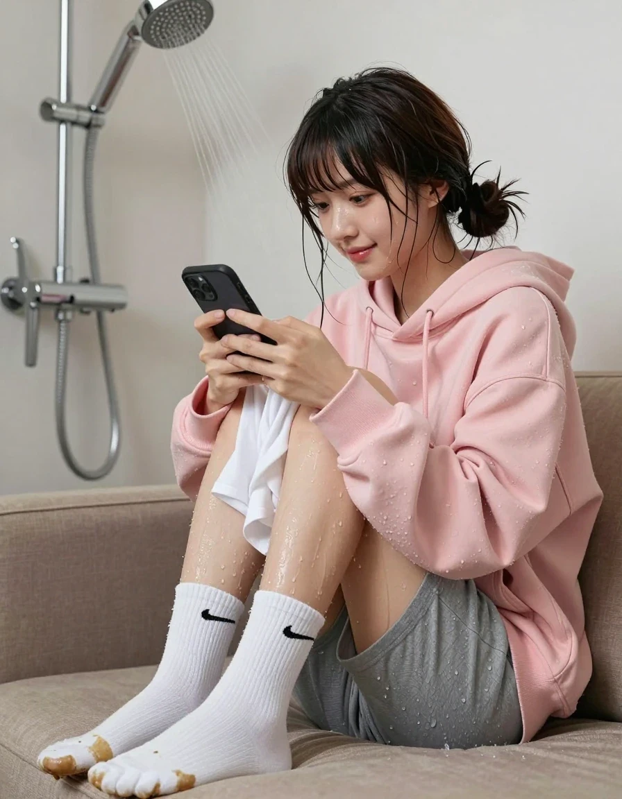 photo of young woman, in soaking wet, drenched clothes,
soaked white nike crew socks dirty in the soles area of the socks, soaking wet gray sweatpants dripping wet, loose pastel pink oversized hoodie, At the living room with shower head above, 
enjoying, wet clothes stuck to body,
detailed textures of the wet clothes, wet face, wet plastered hair,
wet, drenched, professional, high-quality details, full body view.
sharp focus, ultra-high pixel detail, realistic, high-quality, full colors, incredibly detailed, 4k, 8k, 16k, hyper-realistic, RAW photo, masterpiece, ultra-detailed, professionally color graded, professional photograph, Young Chinese woman with light skin, dark brown hair with twintails and blunt hair bangs, styled in space buns with blunt-cut bangs and dark eyes, Her expression is nonchalant, a small smile on her lips, She is seated figure four at the couch, the showerhead is showering her hair and clothes from above, she is holding and looking at her phone, wet skin, wet clothes, damp fabric. From below view, Full body shot, Low angle., wet skin, wet clothes, damp fabric