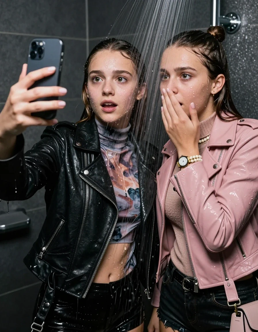 photo of young woman, in soaking wet, drenched clothes,
, , Black Biker leatherjacket and light pink leatherjacket, knit turtleneck sweater belly free, handbag, pearl necklace, bracelet, wristwatch, Under the shower, strong jet of water, party room, 
enjoying, wet clothes stuck to body,
detailed textures of the wet clothes, wet face, wet plastered hair,
wet, drenched, professional, high-quality details, full body view.
sharp focus, ultra-high pixel detail, realistic, high-quality, full colors, incredibly detailed, 4k, 8k, 16k, hyper-realistic, RAW photo, masterpiece, ultra-detailed, professionally color graded, professional photograph, sleek long straight hair and topknot

 two 15 years old  teenage girls

Only head and shoulders are over the surface visible. Open mouth, big eyes. Looking at camera. Hold her hand in front of her nose. one girl take a selfie with her smartphone.

The girls wear different clothes.

she is completely underwater up to her neck, afraid and astonished expression. Slightly smile.

her clothing is soaking wet and clinging tightly to her skin, showing heavy wet folds, darkened fabric texture, and deep water-saturated Patches, her clothes are heavy from the water, water runs from her body and her clothes in streams. A lot of water also runs out of her clothes. Her clothes are darkened by the water. Her submerged clothes are good visible under the water.  she soaked her handbag into the water.

close up view, wet skin, wet clothes, wet hair, damp fabric, water runs down the clothes, wet skin, wet clothes, damp fabric. cinematic medium shot, hyper-realistic wetness, high-contrast water sheen, sharp focus, 16k resolution, professional photography, realistic water physics., wet skin, wet clothes, damp fabric, wet skin, wet clothes, damp fabric, wet skin, wet clothes, damp fabric, wet skin, wet clothes, damp fabric, wet skin, wet clothes, damp fabric