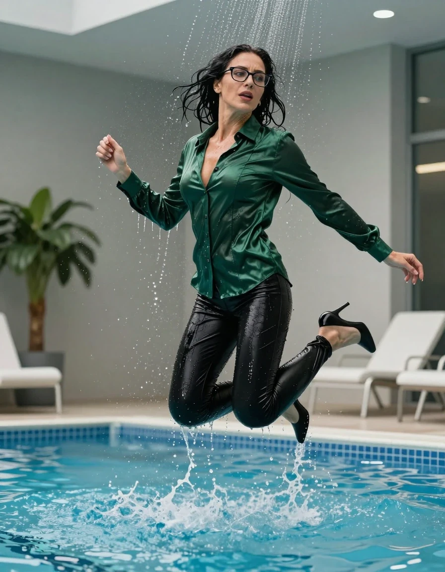 photo of young woman, in soaking wet, drenched clothes,
stilletto shoes, long black tight pants, maxi dark green silk satin shirt, jumping in pool under showers after swim in indoor swimming pool, enjoying wet clothes stuck body, enjoying, wet clothes stuck to body, 
enjoying, wet clothes stuck to body,
detailed textures of the wet clothes, wet face, wet plastered hair,
wet, drenched, professional, high-quality details, full body view.
sharp focus, ultra-high pixel detail, realistic, high-quality, full colors, incredibly detailed, 4k, 8k, 16k, hyper-realistic, RAW photo, masterpiece, ultra-detailed, professionally color graded, professional photograph, europen brunette skinny woman 50 years old, long dark black hair, very big and thick lips,  office glasses, complete body, wet skin, wet clothes, damp fabric, wet skin, wet clothes, damp fabric, wet skin, wet clothes, damp fabric, wet skin, wet clothes, damp fabric, wet skin, wet clothes, damp fabric, wet skin, wet clothes, damp fabric, wet skin, wet clothes, damp fabric