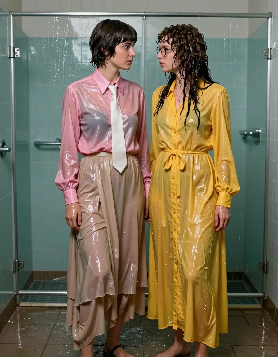A hyper-realistic, photorealistic scene of two nerdy lesbian teachers in love, standing together inside a flooded gym shower. The first woman features Beatles-style hair, wearing a pink satin long-sleeved oversized buttoned-down blouse with a white necktie, paired with a beige floor-length excessively long silk skirt layered over petticoats, and sandals. The second woman has long curly hair and wears glasses, dressed in a long floor-length buttoned-down yellow dress with a pussy bow. Both women are drenched; their hair is matted and dripping, their skin glistening with water sheen, and their clothing is visibly soaked, heavy, and clinging to their bodies, with the fabrics darkened and saturated by the water. The floor is covered in a layer of water, reflecting the gym environment. The lighting is bright and industrial, emphasizing the wet textures, the translucent quality of the saturated fabrics, and the intimate, affectionate pose of the two women. Cinematic composition, 8k resolution, highly detailed skin textures, water droplets, realistic fabric physics, atmospheric moisture.