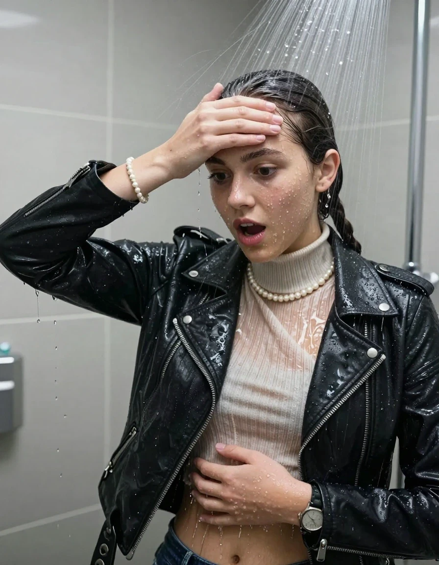 photo of young woman, in soaking wet, drenched clothes,
, , Biker leatherjacket, Tight knit turtleneck sweater belly free, handbag, pearl necklace, bracelet, wristwatch, Under the shower, strong jet of water, lokker room, 
enjoying, wet clothes stuck to body,
detailed textures of the wet clothes, wet face, wet plastered hair,
wet, drenched, professional, high-quality details, full body view.
sharp focus, ultra-high pixel detail, realistic, high-quality, full colors, incredibly detailed, 4k, 8k, 16k, hyper-realistic, RAW photo, masterpiece, ultra-detailed, professionally color graded, professional photograph, sleek long twisted ponytail

Two 15 years old  teenage girl

Only head and shoulders are over the surface visible. Open mouth, big eyes. Looking down. Hold a hand over her forehead.

she is completely underwater up to her neck, surprised and astonished expression. 

her submerged clothes are hardly vusible under water, she soaked her handbag into the water

close up view, wet skin, wet clothes, wet hair, damp fabric, water runs down the clothes, wet skin, wet clothes, damp fabric., wet skin, wet clothes, damp fabric, wet skin, wet clothes, damp fabric, wet skin, wet clothes, damp fabric, wet skin, wet clothes, damp fabric, wet skin, wet clothes, damp fabric, wet skin, wet clothes, damp fabric, wet skin, wet clothes, damp fabric, wet skin, wet clothes, damp fabric, wet skin, wet clothes, damp fabric