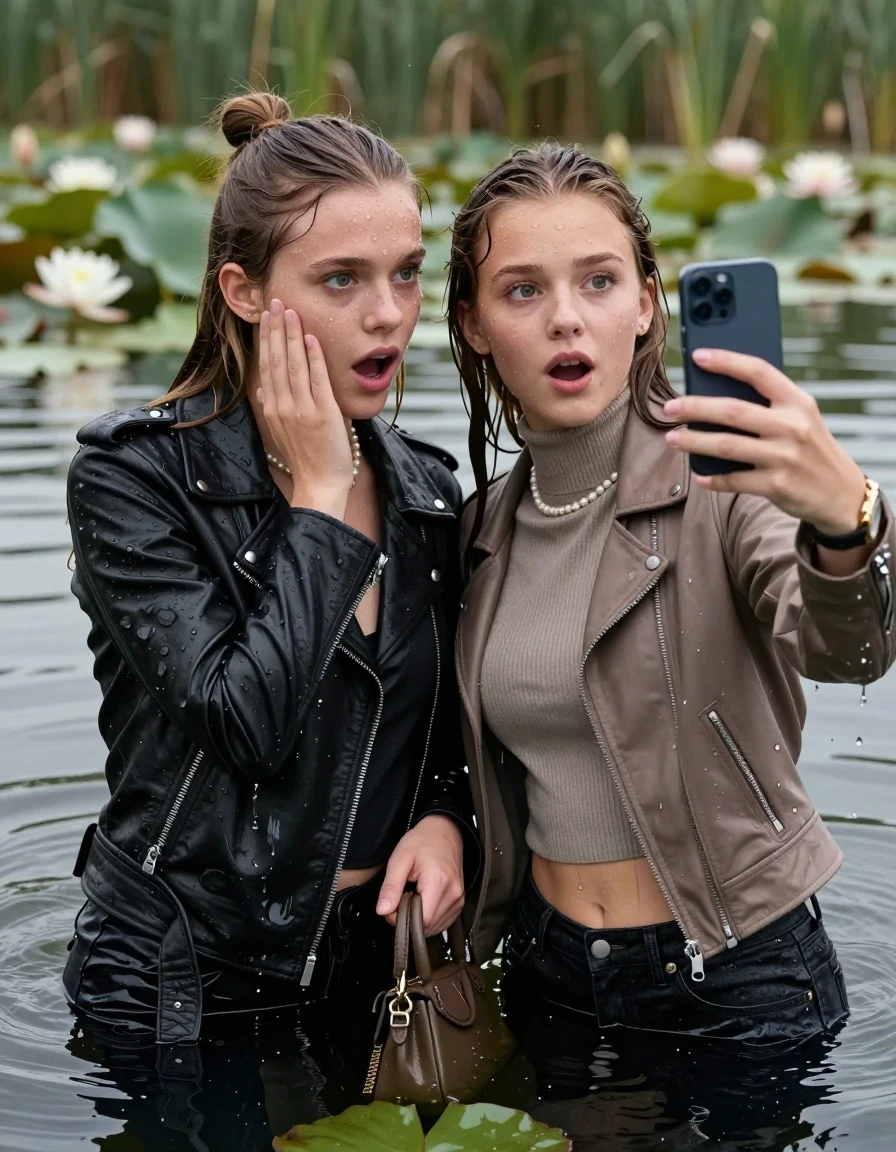 photo of young woman, in soaking wet, drenched clothes,
, , Black Biker leatherjacket and light brown leatherjacket, tight knit turtleneck sweater belly free, handbag, pearl necklace, bracelet, wristwatch, Emerging after diving in a lake with water lilies and reeds, 
enjoying, wet clothes stuck to body,
detailed textures of the wet clothes, wet face, wet plastered hair,
wet, drenched, professional, high-quality details, full body view.
sharp focus, ultra-high pixel detail, realistic, high-quality, full colors, incredibly detailed, 4k, 8k, 16k, hyper-realistic, RAW photo, masterpiece, ultra-detailed, professionally color graded, professional photograph, sleek long straight hair and topknot

 two 15 years old  teenage girls

Only head and shoulders are over the surface visible. Open mouth, big eyes. Looking at camera. one Hold her hand on her cheek. one hold one hand on her mouth and take with the other hand a selfie with her smartphone.

The girls wear different clothes.

she is completely underwater up to her neck, horny and astonished expression. 

her clothing is soaking wet and clinging tightly to her skin, showing heavy wet folds, darkened fabric texture, and deep water-saturated Patches, her clothes are heavy from the water, water runs from her body and her clothes in streams. A lot of water also runs out of her clothes. Her clothes are darkened by the water. Her submerged clothes are good visible under the water.  she soaked her handbag into the water.

close up view, wet skin, wet clothes, wet hair, damp fabric, water runs down the clothes, wet skin, wet clothes, damp fabric. cinematic medium shot, hyper-realistic wetness, high-contrast water sheen, sharp focus, 16k resolution, professional photography, realistic water physics., wet skin, wet clothes, damp fabric, wet skin, wet clothes, damp fabric, wet skin, wet clothes, damp fabric