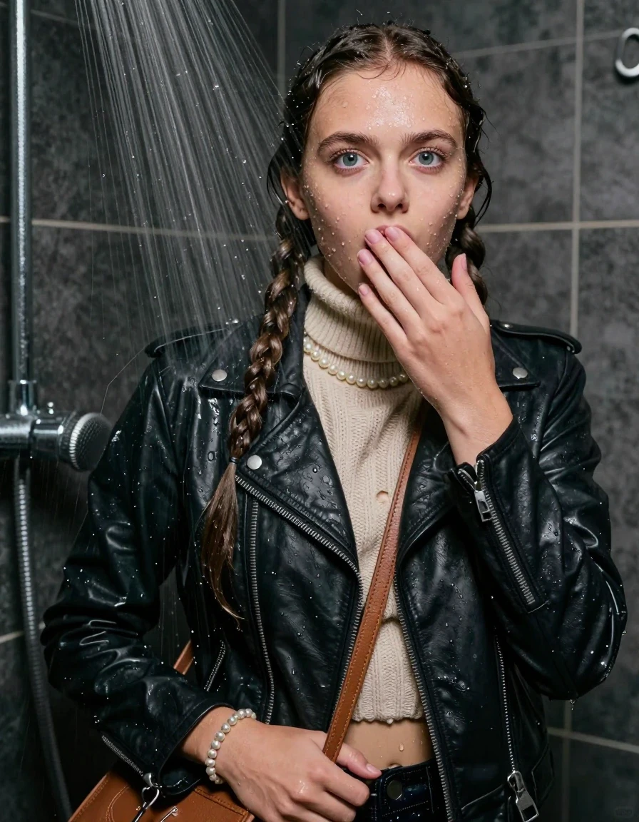 photo of young woman, in soaking wet, drenched clothes,
, , Biker leatherjacket, knit turtleneck sweater belly free, handbag, pearl necklace, bracelet, wristwatch, Under the shower, strong jet of water, party room, 
enjoying, wet clothes stuck to body,
detailed textures of the wet clothes, wet face, wet plastered hair,
wet, drenched, professional, high-quality details, full body view.
sharp focus, ultra-high pixel detail, realistic, high-quality, full colors, incredibly detailed, 4k, 8k, 16k, hyper-realistic, RAW photo, masterpiece, ultra-detailed, professionally color graded, professional photograph, Two long braids 

 15 years old  school girl

Only head and shoulders are over the surface visible. Open mouth, big eyes. Looking at camera. Hold her hand on her mouth.

The girls wear different clothes.

she is completely underwater up to her neck, surprised and astonished expression. 

her clothing is soaking wet and clinging tightly to her skin, showing heavy wet folds, darkened fabric texture, and deep water-saturated Patches, her clothes are heavy from the water, water runs from her body and her clothes in streams. A lot of water also runs out of her clothes. Her clothes are darkened by the water. Her submerged clothes are good visible under the water.  she soaked her handbag into the water.

close up view, wet skin, wet clothes, wet hair, damp fabric, water runs down the clothes, wet skin, wet clothes, damp fabric. cinematic medium shot, hyper-realistic wetness, high-contrast water sheen, sharp focus, 16k resolution, professional photography, realistic water physics., wet skin, wet clothes, damp fabric, wet skin, wet clothes, damp fabric, wet skin, wet clothes, damp fabric, wet skin, wet clothes, damp fabric