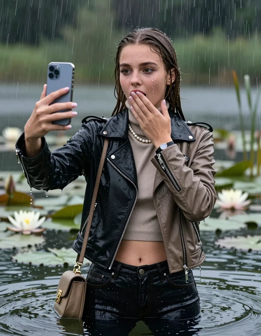 photo of young woman, in soaking wet, drenched clothes,
, skinny jeans, Black Biker leatherjacket and light brown leatherjacket, tight knit turtleneck sweater belly free, handbag, pearl necklace, bracelet, wristwatch, Emerging after diving in a lake with water lilies and reeds, heavy rain falls directely on her heads, 
enjoying, wet clothes stuck to body,
detailed textures of the wet clothes, wet face, wet plastered hair,
wet, drenched, professional, high-quality details, full body view.
sharp focus, ultra-high pixel detail, realistic, high-quality, full colors, incredibly detailed, 4k, 8k, 16k, hyper-realistic, RAW photo, masterpiece, ultra-detailed, professionally color graded, professional photograph, sleek long straight hair

15 years old  teenage girls

Only head and shoulders are over the surface visible. Open mouth, big eyes. Looking at camera. hold one hand on her mouth and take with the other hand a selfie with her smartphone. Eyeliner is running down the cheeks.

The girls wear different clothes.

she is completely underwater up to her neck, horny and astonished expression. 

her clothing is soaking wet and clinging tightly to her skin, showing heavy wet folds, darkened fabric texture, and deep water-saturated Patches, her clothes are heavy from the water, water runs from her body and her clothes in streams. A lot of water also runs out of her clothes. Her clothes are darkened by the water. Her submerged clothes are good visible under the water.  she soaked her handbag into the water.

close up view, wet skin, wet clothes, wet hair, damp fabric, water runs down the clothes, wet skin, wet clothes, damp fabric. cinematic medium shot, hyper-realistic wetness, high-contrast water sheen, sharp focus, 16k resolution, professional photography, realistic water physics., wet skin, wet clothes, damp fabric, wet skin, wet clothes, damp fabric, wet skin, wet clothes, damp fabric