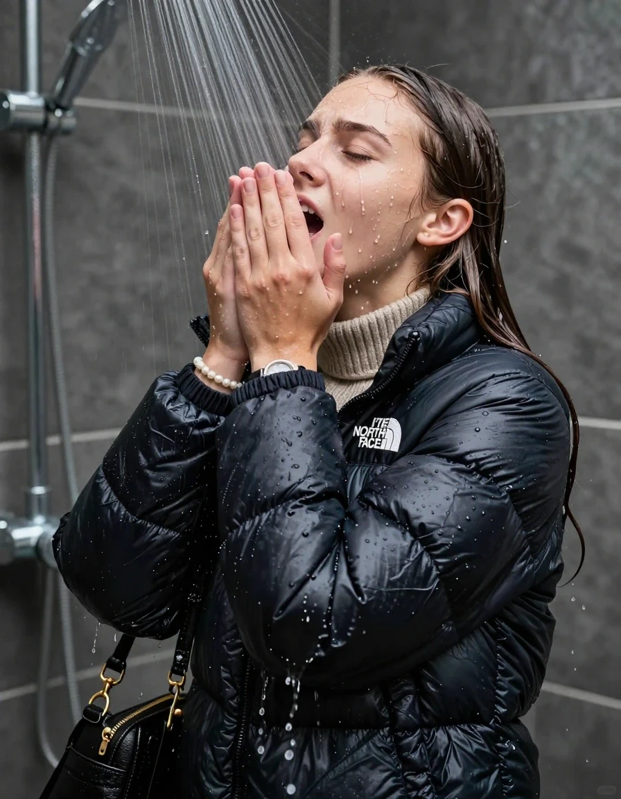 photo of young woman, in soaking wet, drenched clothes,
, , black nuptse north face puffer down jacket, knit turtleneck sweater belly free, handbag, pearl necklace, bracelet, wristwatch, view from behind: Under the shower, strong jet of water, party shower, 
enjoying, wet clothes stuck to body,
detailed textures of the wet clothes, wet face, wet plastered hair,
wet, drenched, professional, high-quality details, full body view.
sharp focus, ultra-high pixel detail, realistic, high-quality, full colors, incredibly detailed, 4k, 8k, 16k, hyper-realistic, RAW photo, masterpiece, ultra-detailed, professionally color graded, professional photograph, sleek long straight hair

 15 years old  teenage girl

Only head and shoulders are over the surface visible. Looking up. The water splashes directly into her face. Hold her hands in front of her nose.  open mouth, closed eyes.

The girls wear different clothes.

she is completely underwater up to her neck, shocked and embarrassed expression. 

her clothing is soaking wet and clinging tightly to her skin, showing heavy wet folds, darkened fabric texture, and deep water-saturated Patches, her clothes are heavy from the water, water runs from her body and her clothes in streams. A lot of water also runs out of her clothes. Her clothes are darkened by the water. Her submerged clothes are good visible under the water.  she soaked her handbag into the water.

close up view, wet skin, wet clothes, wet hair, damp fabric, water runs down the clothes, wet skin, wet clothes, damp fabric. cinematic medium shot, hyper-realistic wetness, high-contrast water sheen, sharp focus, 8k resolution, professional photography, realistic water physics., wet skin, wet clothes, damp fabric, wet skin, wet clothes, damp fabric, wet skin, wet clothes, damp fabric