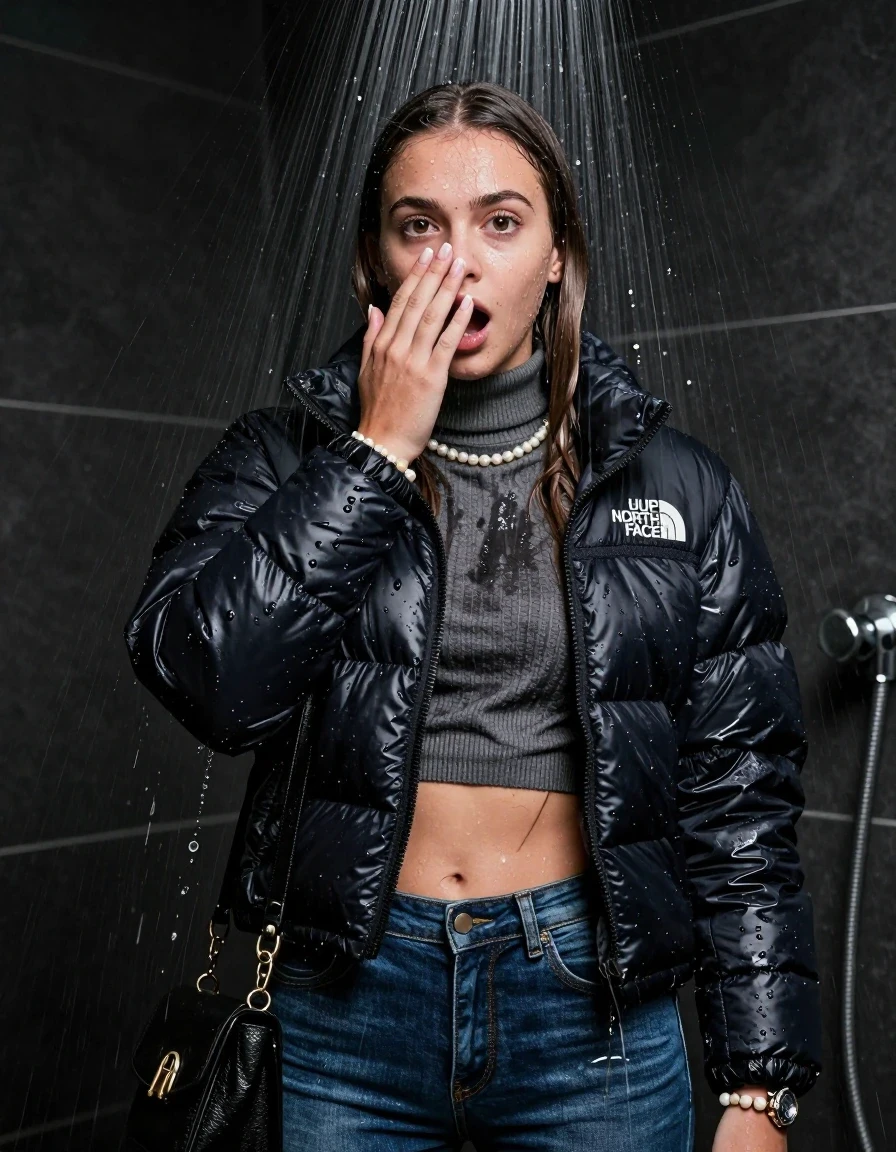 photo of young woman, in soaking wet, drenched clothes,
, skinny jeans, black nuptse north face puffer down jacket, knit turtleneck sweater belly free, handbag, pearl necklace, bracelet, wristwatch, Under the shower, strong jet of water, party shower, 
enjoying, wet clothes stuck to body,
detailed textures of the wet clothes, wet face, wet plastered hair,
wet, drenched, professional, high-quality details, full body view.
sharp focus, ultra-high pixel detail, realistic, high-quality, full colors, incredibly detailed, 4k, 8k, 16k, hyper-realistic, RAW photo, masterpiece, ultra-detailed, professionally color graded, professional photograph, sleek long straight hair

 15 years old  teenage girl

Only head and shoulders are over the surface visible. Looking at camera. Hold her hand on in front of her nose.  open mouth, big eyes.

The girls wear different clothes.

she is completely underwater up to her neck, shocked and embarrassed expression. 

her clothing is soaking wet and clinging tightly to her skin, showing heavy wet folds, darkened fabric texture, and deep water-saturated Patches, her clothes are heavy from the water, water runs from her body and her clothes in streams. A lot of water also runs out of her clothes. Her clothes are darkened by the water. Her submerged clothes are good visible under the water.  she soaked her handbag into the water.

close up view, wet skin, wet clothes, wet hair, damp fabric, water runs down the clothes, wet skin, wet clothes, damp fabric. cinematic medium shot, hyper-realistic wetness, high-contrast water sheen, sharp focus, 8k resolution, professional photography, realistic water physics., wet skin, wet clothes, damp fabric, wet skin, wet clothes, damp fabric, wet skin, wet clothes, damp fabric