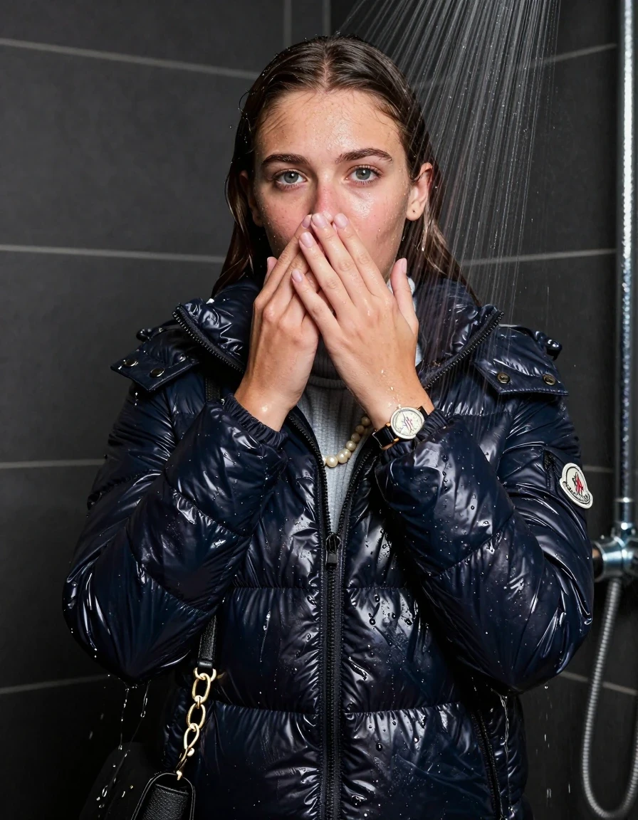 photo of young woman, in soaking wet, drenched clothes,
, , moncler shiny puffer down jacket, knit turtleneck sweater belly free, handbag, pearl necklace, bracelet, wristwatch, Under the shower, strong jet of water, party shower, 
enjoying, wet clothes stuck to body,
detailed textures of the wet clothes, wet face, wet plastered hair,
wet, drenched, professional, high-quality details, full body view.
sharp focus, ultra-high pixel detail, realistic, high-quality, full colors, incredibly detailed, 4k, 8k, 16k, hyper-realistic, RAW photo, masterpiece, ultra-detailed, professionally color graded, professional photograph, sleek long straight hair

 15 years old  teenage girl

Only head and shoulders are over the surface visible. Looking at camera. Hold her hand in front of her nose. open mouth.

The girls wear different clothes.

she is completely underwater up to her neck, shocked and embarrassed expression. 

her clothing is soaking wet and clinging tightly to her skin, showing heavy wet folds, darkened fabric texture, and deep water-saturated Patches, her clothes are heavy from the water, water runs from her body and her clothes in streams. A lot of water also runs out of her clothes. Her clothes are darkened by the water. Her submerged clothes are good visible under the water.  she soaked her handbag into the water.

close up view, wet skin, wet clothes, wet hair, damp fabric, water runs down the clothes, wet skin, wet clothes, damp fabric. cinematic medium shot, hyper-realistic wetness, high-contrast water sheen, sharp focus, 8k resolution, professional photography, realistic water physics., wet skin, wet clothes, damp fabric, wet skin, wet clothes, damp fabric, wet skin, wet clothes, damp fabric