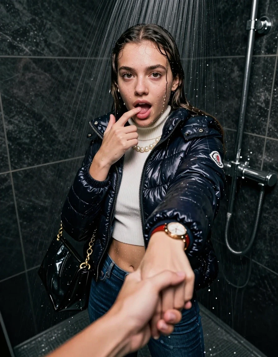 photo of young woman, in soaking wet, drenched clothes,
Heels, Tight Skinny jeans, Moncler shiny puffer down jacket , white knit turtleneck sweater belly free, handbag, pearl necklace, bracelet, wristwatch, Under the shower, strong jet of water, party room, 
enjoying, wet clothes stuck to body,
detailed textures of the wet clothes, wet face, wet plastered hair,
wet, drenched, professional, high-quality details, full body view.
sharp focus, ultra-high pixel detail, realistic, high-quality, full colors, incredibly detailed, 4k, 8k, 16k, hyper-realistic, RAW photo, masterpiece, ultra-detailed, professionally color graded, professional photograph, sleek long straight hair, wer plastered hair

 15-years-old teenage girl

open mouth, big eyes. 0ne hand with a finger at her tongue  inside her mouth, hold with the other the female viewer's hand, pulling them toward the center of the water. 

Only head and shoulders are over the surface visible. Open mouth, big eyes. Looking at camera.

The girls wear different clothes.

she is completely underwater up to her neck, horny and sexuell aroused expression. 

her clothing is soaking wet and clinging tightly to her skin, showing heavy wet folds, darkened fabric texture, and deep water-saturated Patches, her clothes are heavy from the water, water runs from her body and her clothes in streams. A lot of water also runs out of her clothes. Her clothes are darkened by the water. Her submerged clothes are good visible under the water.  she soaked her handbag into the water.

close up view, wet skin, wet clothes, wet hair, damp fabric, water runs down the clothes, wet skin, wet clothes, damp fabric. cinematic medium shot, hyper-realistic wetness, high-contrast water sheen, sharp focus, 16k resolution, professional photography, realistic water physics., wet skin, wet clothes, damp fabric, wet skin, wet clothes, damp fabric, wet skin, wet clothes, damp fabric