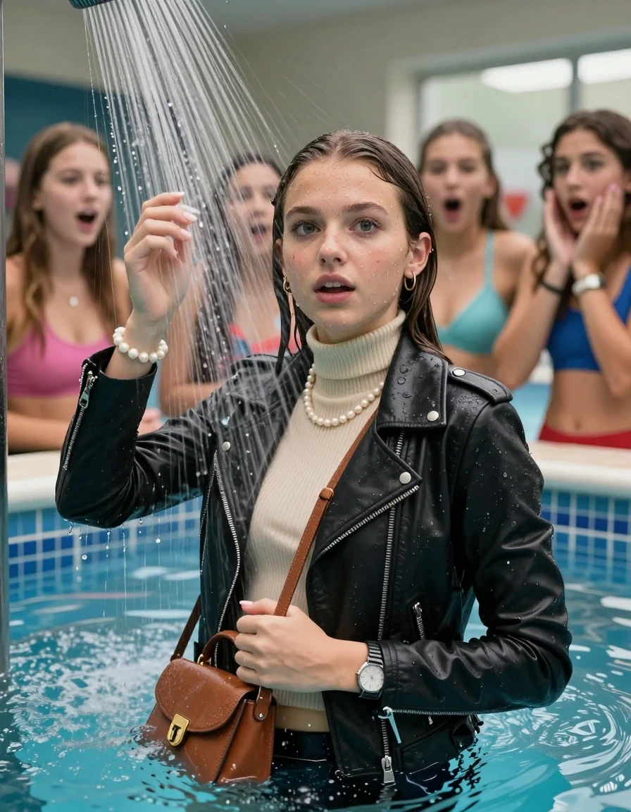 photo of young woman, in soaking wet, drenched clothes,
, , Biker leatherjacket, Tight knit turtleneck sweater belly free, handbag, pearl necklace, bracelet, wristwatch, playing Under the pool shower, strong jet of water, indoor swimming pool, pool party, her different clothed friends watching her shocked from the edge, 
enjoying, wet clothes stuck to body,
detailed textures of the wet clothes, wet face, wet plastered hair,
wet, drenched, professional, high-quality details, full body view.
sharp focus, ultra-high pixel detail, realistic, high-quality, full colors, incredibly detailed, 4k, 8k, 16k, hyper-realistic, RAW photo, masterpiece, ultra-detailed, professionally color graded, professional photograph, sleek long straight hair

Two 15 years old  teenage girl

Only head and shoulders are over the surface visible. Open mouth, big eyes. Looking at camera. 

The girls wear different clothes.

she is completely underwater up to her neck, surprised and astonished expression. 

her submerged clothes are hardly vusible under water, she soaked her handbag into the water

close up view, wet skin, wet clothes, wet hair, damp fabric, water runs down the clothes, wet skin, wet clothes, damp fabric., wet skin, wet clothes, damp fabric, wet skin, wet clothes, damp fabric, wet skin, wet clothes, damp fabric, wet skin, wet clothes, damp fabric, wet skin, wet clothes, damp fabric, wet skin, wet clothes, damp fabric, wet skin, wet clothes, damp fabric, wet skin, wet clothes, damp fabric, wet skin, wet clothes, damp fabric