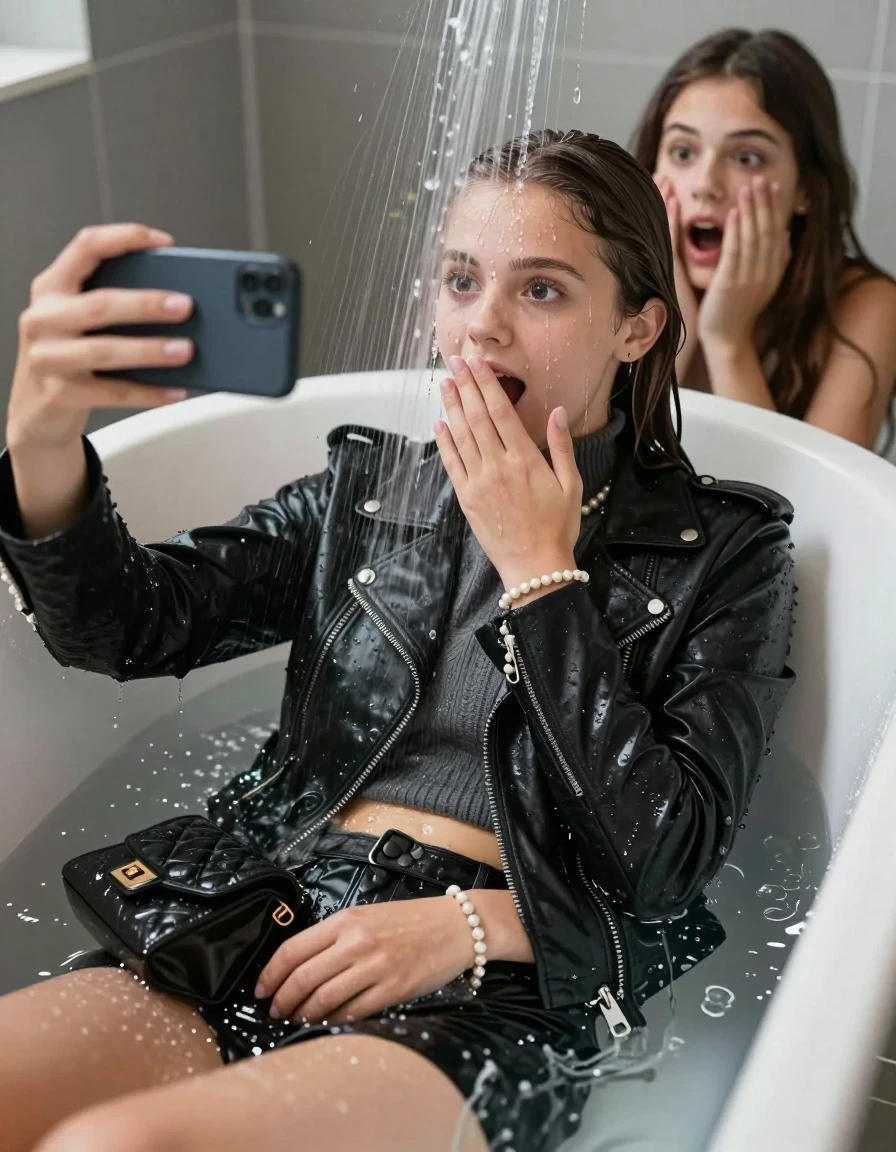 photo of young woman, in soaking wet, drenched clothes,
, , Black biker leatherjacket, knit turtleneck sweater belly free, handbag, pearl necklace, bracelet, wristwatch, 15-year-old teenage Girl relaxing directly under a heavy powerful stream of water in a bathtube of a modern bathroom, a shocked friend sits beside the tube and watching her, 
enjoying, wet clothes stuck to body,
detailed textures of the wet clothes, wet face, wet plastered hair,
wet, drenched, professional, high-quality details, full body view.
sharp focus, ultra-high pixel detail, realistic, high-quality, full colors, incredibly detailed, 4k, 8k, 16k, hyper-realistic, RAW photo, masterpiece, ultra-detailed, professionally color graded, professional photograph, Behind view: 15-year-old teenage girl.
wet plastered hair. Sleek long straight hair.

Only head and shoulders are over the surface visible. Looking at camera. The water splashes directly into her face. Hold her hand on her mouth.  open mouth, big eyes.

The girls wear different clothes.

she is completely underwater up to her neck, afraid and astonished expression. Slightly smile. Take a Selfie with her Smartphone.

her clothing is soaking wet and clinging tightly to her skin, showing heavy wet folds, darkened fabric texture, and deep water-saturated Patches, her clothes are heavy from the water, water runs from her body and her clothes in streams. A lot of water also runs out of her clothes. Her clothes are darkened by the water. Her submerged clothes are good visible under the water.  she soaked her handbag into the water.

close up view, wet skin, wet clothes, wet hair, damp fabric, water runs down the clothes, wet skin, wet clothes, damp fabric. cinematic medium shot, hyper-realistic wetness, high-contrast water sheen, sharp focus, 16k resolution, professional photography, realistic water physics., wet skin, wet clothes, damp fabric, wet skin, wet clothes, damp fabric, wet skin, wet clothes, damp fabric, wet skin, wet clothes, damp fabric, wet skin, wet clothes, damp fabric, wet skin, wet clothes, damp fabric