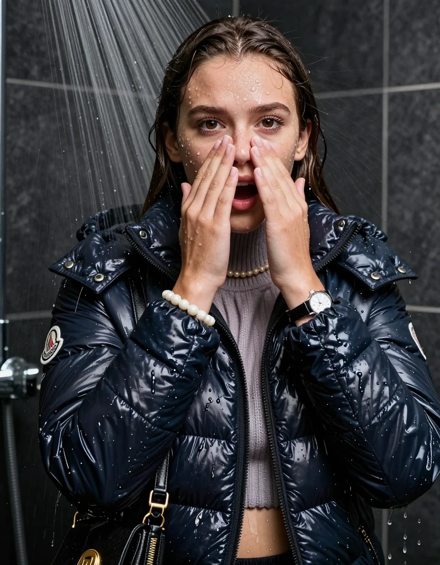 photo of young woman, in soaking wet, drenched clothes,
, , moncler shiny puffer down jacket, knit turtleneck sweater belly free, handbag, pearl necklace, bracelet, wristwatch, Under the shower, strong jet of water, party shower, 
enjoying, wet clothes stuck to body,
detailed textures of the wet clothes, wet face, wet plastered hair,
wet, drenched, professional, high-quality details, full body view.
sharp focus, ultra-high pixel detail, realistic, high-quality, full colors, incredibly detailed, 4k, 8k, 16k, hyper-realistic, RAW photo, masterpiece, ultra-detailed, professionally color graded, professional photograph, sleek long straight hair

 15 years old  teenage girl

Only head and shoulders are over the surface visible. Looking at camera. Hold her hand in front of her nose. open mouth.

The girls wear different clothes.

she is completely underwater up to her neck, shocked and embarrassed expression. 

her clothing is soaking wet and clinging tightly to her skin, showing heavy wet folds, darkened fabric texture, and deep water-saturated Patches, her clothes are heavy from the water, water runs from her body and her clothes in streams. A lot of water also runs out of her clothes. Her clothes are darkened by the water. Her submerged clothes are good visible under the water.  she soaked her handbag into the water.

close up view, wet skin, wet clothes, wet hair, damp fabric, water runs down the clothes, wet skin, wet clothes, damp fabric. cinematic medium shot, hyper-realistic wetness, high-contrast water sheen, sharp focus, 8k resolution, professional photography, realistic water physics., wet skin, wet clothes, damp fabric, wet skin, wet clothes, damp fabric, wet skin, wet clothes, damp fabric