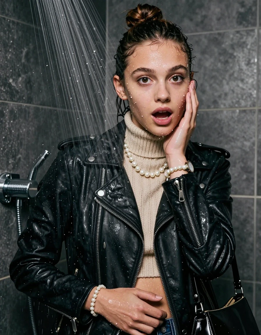 photo of young woman, in soaking wet, drenched clothes,
, , Biker leatherjacket, knit turtleneck sweater belly free, handbag, pearl necklace, bracelet, wristwatch, Under the shower, strong jet of water, party room, 
enjoying, wet clothes stuck to body,
detailed textures of the wet clothes, wet face, wet plastered hair,
wet, drenched, professional, high-quality details, full body view.
sharp focus, ultra-high pixel detail, realistic, high-quality, full colors, incredibly detailed, 4k, 8k, 16k, hyper-realistic, RAW photo, masterpiece, ultra-detailed, professionally color graded, professional photograph, topknot

 15 years old  teenage girl

Only head and shoulders are over the surface visible. Open mouth, big eyes. Looking at camera. Hold her hand in front of her cheek.

The girls wear different clothes.

she is completely underwater up to her neck, afraid and astonished expression. 

her clothing is soaking wet and clinging tightly to her skin, showing heavy wet folds, darkened fabric texture, and deep water-saturated Patches, her clothes are heavy from the water, water runs from her body and her clothes in streams. A lot of water also runs out of her clothes. Her clothes are darkened by the water. Her submerged clothes are good visible under the water.  she soaked her handbag into the water.

close up view, wet skin, wet clothes, wet hair, damp fabric, water runs down the clothes, wet skin, wet clothes, damp fabric. cinematic medium shot, hyper-realistic wetness, high-contrast water sheen, sharp focus, 8k resolution, professional photography, realistic water physics., wet skin, wet clothes, damp fabric, wet skin, wet clothes, damp fabric