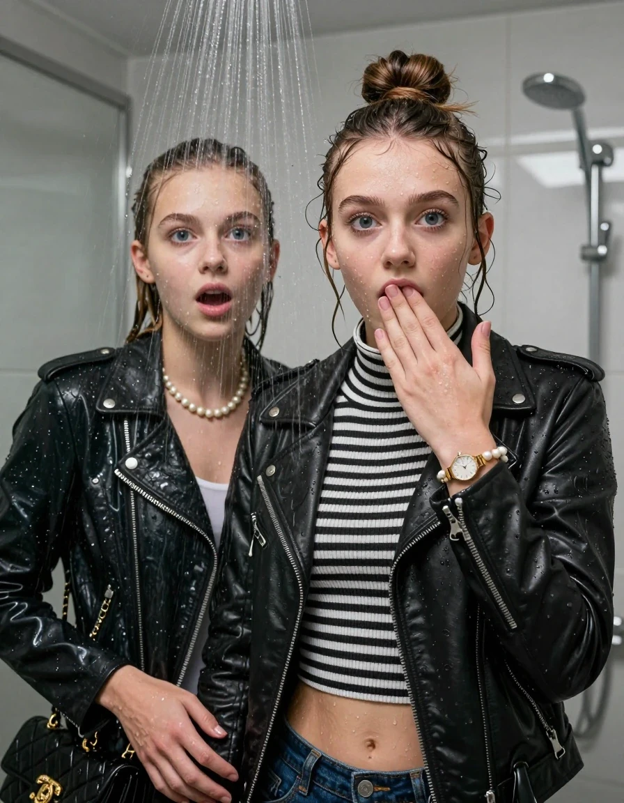 photo of young woman, in soaking wet, drenched clothes,
, , Biker leatherjacket, Tight Striped knit turtleneck sweater belly free, handbag, pearl necklace, bracelet, wristwatch, Under the shower, strong jet of water, modern mirrored bathroom, 
enjoying, wet clothes stuck to body,
detailed textures of the wet clothes, wet face, wet plastered hair,
wet, drenched, professional, high-quality details, full body view.
sharp focus, ultra-high pixel detail, realistic, high-quality, full colors, incredibly detailed, 4k, 8k, 16k, hyper-realistic, RAW photo, masterpiece, ultra-detailed, professionally color graded, professional photograph, Topknot

Two 15 years old  teenage girl

Only head and shoulders are over the surface visible. Open mouth, big eyes. Looking at camera. Hold a hand on her mouth.

she is completely underwater up to her neck, surprised and astonished expression. 

her submerged clothes are hardly vusible under water, she soaked her handbag into the water

close up view, wet skin, wet clothes, wet hair, damp fabric, water runs down the clothes, wet skin, wet clothes, damp fabric., wet skin, wet clothes, damp fabric, wet skin, wet clothes, damp fabric, wet skin, wet clothes, damp fabric, wet skin, wet clothes, damp fabric, wet skin, wet clothes, damp fabric, wet skin, wet clothes, damp fabric, wet skin, wet clothes, damp fabric, wet skin, wet clothes, damp fabric, wet skin, wet clothes, damp fabric