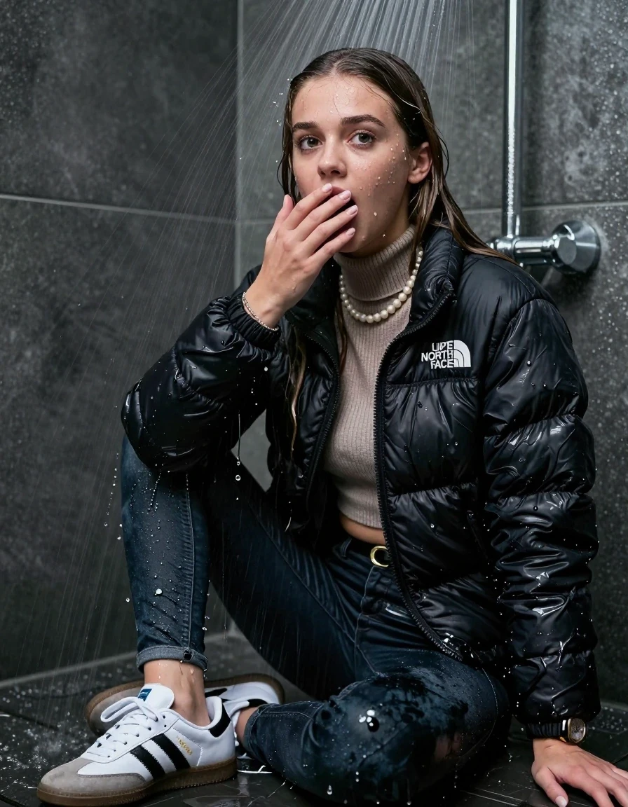 photo of young woman, in soaking wet, drenched clothes,
white sneakers adidas samba black striped, skinny jeans, black nuptse north face puffer down jacket, knit turtleneck sweater belly free, handbag, pearl necklace, bracelet, wristwatch, Under the shower, strong jet of water, party shower, 
enjoying, wet clothes stuck to body,
detailed textures of the wet clothes, wet face, wet plastered hair,
wet, drenched, professional, high-quality details, full body view.
sharp focus, ultra-high pixel detail, realistic, high-quality, full colors, incredibly detailed, 4k, 8k, 16k, hyper-realistic, RAW photo, masterpiece, ultra-detailed, professionally color graded, professional photograph, sleek long straight hair

 15 years old  teenage girl

Only head and shoulders are over the surface visible. Looking at camera. Hold her hand on her mouth.  open mouth, big eyes.

The girls wear different clothes.

she is completely underwater up to her neck, shocked and embarrassed expression. 

her clothing is soaking wet and clinging tightly to her skin, showing heavy wet folds, darkened fabric texture, and deep water-saturated Patches, her clothes are heavy from the water, water runs from her body and her clothes in streams. A lot of water also runs out of her clothes. Her clothes are darkened by the water. Her submerged clothes are good visible under the water.  she soaked her handbag into the water.

close up view, wet skin, wet clothes, wet hair, damp fabric, water runs down the clothes, wet skin, wet clothes, damp fabric. cinematic medium shot, hyper-realistic wetness, high-contrast water sheen, sharp focus, 8k resolution, professional photography, realistic water physics., wet skin, wet clothes, damp fabric, wet skin, wet clothes, damp fabric, wet skin, wet clothes, damp fabric