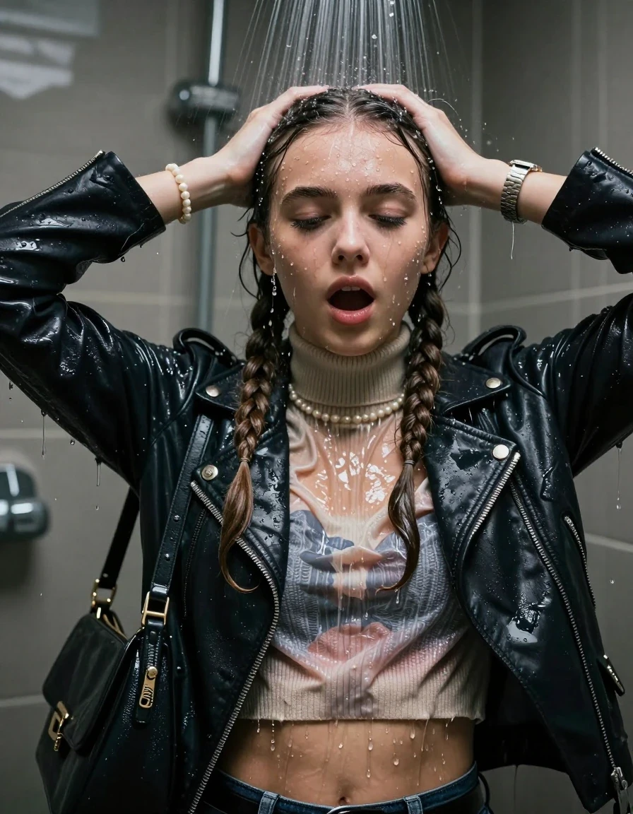 photo of young woman, in soaking wet, drenched clothes,
, , Biker leatherjacket, knit turtleneck sweater belly free, handbag, pearl necklace, bracelet, wristwatch, Under the shower, strong jet of water, party room, 
enjoying, wet clothes stuck to body,
detailed textures of the wet clothes, wet face, wet plastered hair,
wet, drenched, professional, high-quality details, full body view.
sharp focus, ultra-high pixel detail, realistic, high-quality, full colors, incredibly detailed, 4k, 8k, 16k, hyper-realistic, RAW photo, masterpiece, ultra-detailed, professionally color graded, professional photograph, Two long braids 

 15 years old  school girl

Only head and shoulders are over the surface visible. Open mouth, closed eyes. Looking at camera. Hold her hands on her head.

The girls wear different clothes.

she is completely underwater up to her neck, surprised and astonished expression. 

her clothing is soaking wet and clinging tightly to her skin, showing heavy wet folds, darkened fabric texture, and deep water-saturated Patches, her clothes are heavy from the water, water runs from her body and her clothes in streams. A lot of water also runs out of her clothes. Her clothes are darkened by the water. Her submerged clothes are good visible under the water.  she soaked her handbag into the water.

close up view, wet skin, wet clothes, wet hair, damp fabric, water runs down the clothes, wet skin, wet clothes, damp fabric. cinematic medium shot, hyper-realistic wetness, high-contrast water sheen, sharp focus, 16k resolution, professional photography, realistic water physics., wet skin, wet clothes, damp fabric, wet skin, wet clothes, damp fabric, wet skin, wet clothes, damp fabric, wet skin, wet clothes, damp fabric