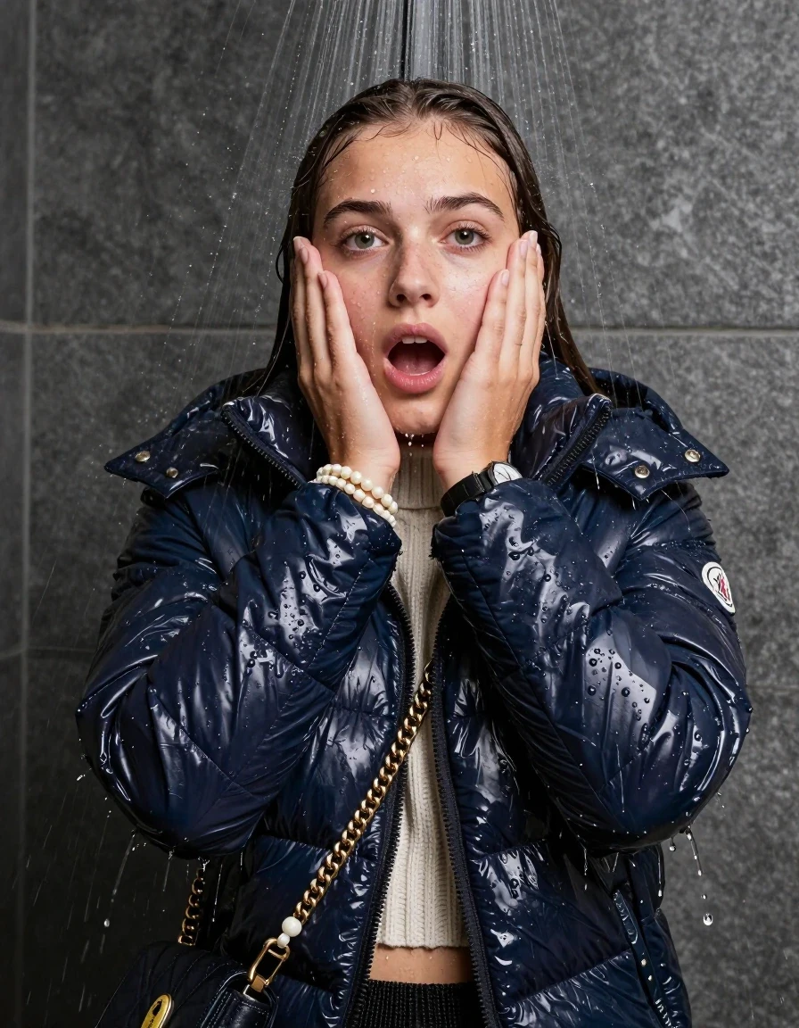 photo of young woman, in soaking wet, drenched clothes,
, , moncler shiny puffer down jacket, knit turtleneck sweater belly free, handbag, pearl necklace, bracelet, wristwatch, Under the shower, strong jet of water, party shower, 
enjoying, wet clothes stuck to body,
detailed textures of the wet clothes, wet face, wet plastered hair,
wet, drenched, professional, high-quality details, full body view.
sharp focus, ultra-high pixel detail, realistic, high-quality, full colors, incredibly detailed, 4k, 8k, 16k, hyper-realistic, RAW photo, masterpiece, ultra-detailed, professionally color graded, professional photograph, sleek long straight hair

 15 years old  teenage girl

Only head and shoulders are over the surface visible. Looking at camera. The water splashes directly into her face. Hold her hands over her face.  open mouth, big eyes.

The girls wear different clothes.

she is completely underwater up to her neck, shocked and embarrassed expression. 

her clothing is soaking wet and clinging tightly to her skin, showing heavy wet folds, darkened fabric texture, and deep water-saturated Patches, her clothes are heavy from the water, water runs from her body and her clothes in streams. A lot of water also runs out of her clothes. Her clothes are darkened by the water. Her submerged clothes are good visible under the water.  she soaked her handbag into the water.

close up view, wet skin, wet clothes, wet hair, damp fabric, water runs down the clothes, wet skin, wet clothes, damp fabric. cinematic medium shot, hyper-realistic wetness, high-contrast water sheen, sharp focus, 8k resolution, professional photography, realistic water physics., wet skin, wet clothes, damp fabric, wet skin, wet clothes, damp fabric, wet skin, wet clothes, damp fabric, wet skin, wet clothes, damp fabric