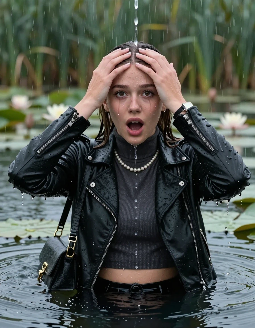 photo of young woman, in soaking wet, drenched clothes,
, , Black Biker leatherjacket, tight knit turtleneck sweater belly free, handbag, pearl necklace, bracelet, wristwatch, drowning in a lake with water lilies and reeds, heavy rain falls directely on her heads, 
enjoying, wet clothes stuck to body,
detailed textures of the wet clothes, wet face, wet plastered hair,
wet, drenched, professional, high-quality details, full body view.
sharp focus, ultra-high pixel detail, realistic, high-quality, full colors, incredibly detailed, 4k, 8k, 16k, hyper-realistic, RAW photo, masterpiece, ultra-detailed, professionally color graded, professional photograph, sleek long straight hair

15 years old  teenage girls

Only head and shoulders are over the surface visible. Open mouth, big eyes. Eyeliner is running down the cheeks. hold her hands in front of her forehead. spits out water.

The girls wear different clothes.

she is completely underwater up to her neck, afraid and astonished expression. 

her clothing is soaking wet and clinging tightly to her skin, showing heavy wet folds, darkened fabric texture, and deep water-saturated Patches, her clothes are heavy from the water, water runs from her body and her clothes in streams. A lot of water also runs out of her clothes. Her clothes are darkened by the water. Her submerged clothes are good visible under the water.  she soaked her handbag into the water.

close up view, wet skin, wet clothes, wet hair, damp fabric, water runs down the clothes, wet skin, wet clothes, damp fabric. cinematic medium shot, hyper-realistic wetness, high-contrast water sheen, sharp focus, 16k resolution, professional photography, realistic water physics., wet skin, wet clothes, damp fabric, wet skin, wet clothes, damp fabric, wet skin, wet clothes, damp fabric