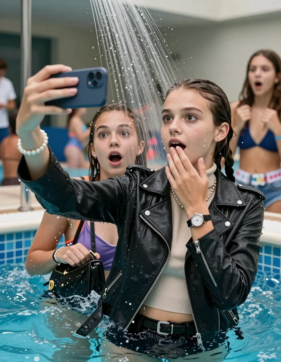 photo of young woman, in soaking wet, drenched clothes,
, , Biker leatherjacket, Tight knit turtleneck sweater belly free, handbag, pearl necklace, bracelet, wristwatch, Under the pool shower, strong jet of water, indoor swimming pool, pool party, her different clothed friends watching her shocked from the edge, 
enjoying, wet clothes stuck to body,
detailed textures of the wet clothes, wet face, wet plastered hair,
wet, drenched, professional, high-quality details, full body view.
sharp focus, ultra-high pixel detail, realistic, high-quality, full colors, incredibly detailed, 4k, 8k, 16k, hyper-realistic, RAW photo, masterpiece, ultra-detailed, professionally color graded, professional photograph, sleek long twisted ponytail

Two 15 years old  teenage girl

Only head and shoulders are over the surface visible. Open mouth, big eyes. Looking at camera. Hold her hand on her corner of the mouth. take a selfie with her smartphone.

The girls wear different clothes.

she is completely underwater up to her neck, surprised and astonished expression. 

her submerged clothes are hardly vusible under water, she soaked her handbag into the water

close up view, wet skin, wet clothes, wet hair, damp fabric, water runs down the clothes, wet skin, wet clothes, damp fabric., wet skin, wet clothes, damp fabric, wet skin, wet clothes, damp fabric, wet skin, wet clothes, damp fabric, wet skin, wet clothes, damp fabric, wet skin, wet clothes, damp fabric, wet skin, wet clothes, damp fabric, wet skin, wet clothes, damp fabric, wet skin, wet clothes, damp fabric, wet skin, wet clothes, damp fabric
