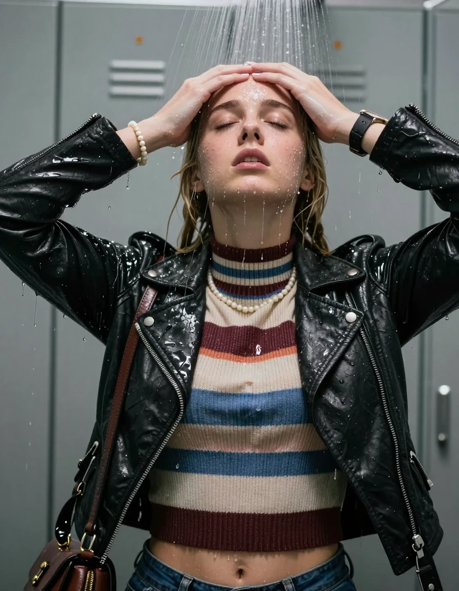 photo of young woman, in soaking wet, drenched clothes,
, , Biker leatherjacket, striped knit turtleneck sweater belly free, handbag, pearl necklace, bracelet, wristwatch, Under the shower, strong jet of water, locker room, 
enjoying, wet clothes stuck to body,
detailed textures of the wet clothes, wet face, wet plastered hair,
wet, drenched, professional, high-quality details, full body view.
sharp focus, ultra-high pixel detail, realistic, high-quality, full colors, incredibly detailed, 4k, 8k, 16k, hyper-realistic, RAW photo, masterpiece, ultra-detailed, professionally color graded, professional photograph, blonde pigtails

 15 years old  teenage girl

Only head and shoulders are over the surface visible. Looking up. Hold her hands over her forehead. closed eyes.

The girls wear different clothes.

she is completely underwater up to her neck, afraid and embarrassed expression. 

her clothing is soaking wet and clinging tightly to her skin, showing heavy wet folds, darkened fabric texture, and deep water-saturated Patches, her clothes are heavy from the water, water runs from her body and her clothes in streams. A lot of water also runs out of her clothes. Her clothes are darkened by the water. Her submerged clothes are good visible under the water.  she soaked her handbag into the water.

close up view, wet skin, wet clothes, wet hair, damp fabric, water runs down the clothes, wet skin, wet clothes, damp fabric. cinematic medium shot, hyper-realistic wetness, high-contrast water sheen, sharp focus, 8k resolution, professional photography, realistic water physics., wet skin, wet clothes, damp fabric, wet skin, wet clothes, damp fabric, wet skin, wet clothes, damp fabric