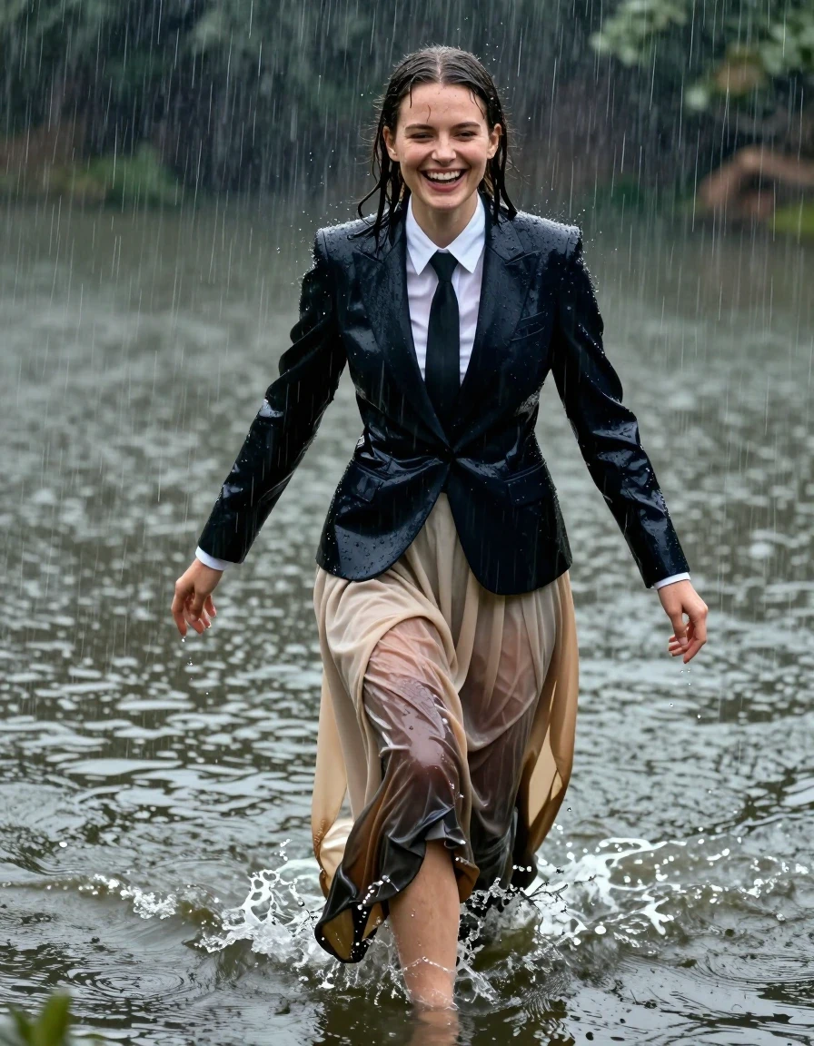 A photorealistic medium-shot of a young adult European woman with wet, rain-slicked hair and skin, swimming in a murky pond during a heavy rainstorm. She is wearing a sharp, formal tuxedo jacket over a crisp white shirt with a dark necktie, all fabrics completely saturated and heavy with water, clinging to her form with deep, darkened tones and glistening wet textures. Below the waist, she wears an excessively long, beige floor-length skirt that billows and drags heavily through the water, with the fabric becoming translucent and dark where soaked. Her bare feet are visible as she treads water, splashing and laughing with a joyful expression. The environment features dramatic rain streaks hitting the surface of the pond, creating ripples and dynamic water movement. High-contrast cinematic lighting, hyper-realistic water droplets, skin sheen, wet hair strands, deep color saturation in the soaked textiles, ultra-detailed textures, 8k resolution, captured on 35mm lens.