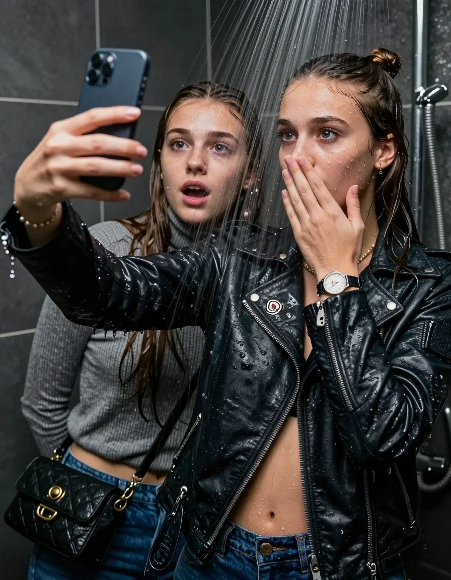 photo of young woman, in soaking wet, drenched clothes,
, , Biker leatherjacket and moncler shiny puffer down jacket, knit turtleneck sweater belly free, handbag, pearl necklace, bracelet, wristwatch, Under the shower, strong jet of water, party room, 
enjoying, wet clothes stuck to body,
detailed textures of the wet clothes, wet face, wet plastered hair,
wet, drenched, professional, high-quality details, full body view.
sharp focus, ultra-high pixel detail, realistic, high-quality, full colors, incredibly detailed, 4k, 8k, 16k, hyper-realistic, RAW photo, masterpiece, ultra-detailed, professionally color graded, professional photograph, sleek long straight hair and topknot

 two 15 years old  teenage girls

Only head and shoulders are over the surface visible. Open mouth, big eyes. Looking at camera. Hold her hand in front of her nose. one girl take a selfie with her smartphone.

The girls wear different clothes.

she is completely underwater up to her neck, afraid and astonished expression. 

her clothing is soaking wet and clinging tightly to her skin, showing heavy wet folds, darkened fabric texture, and deep water-saturated Patches, her clothes are heavy from the water, water runs from her body and her clothes in streams. A lot of water also runs out of her clothes. Her clothes are darkened by the water. Her submerged clothes are good visible under the water.  she soaked her handbag into the water.

close up view, wet skin, wet clothes, wet hair, damp fabric, water runs down the clothes, wet skin, wet clothes, damp fabric. cinematic medium shot, hyper-realistic wetness, high-contrast water sheen, sharp focus, 16k resolution, professional photography, realistic water physics., wet skin, wet clothes, damp fabric, wet skin, wet clothes, damp fabric, wet skin, wet clothes, damp fabric