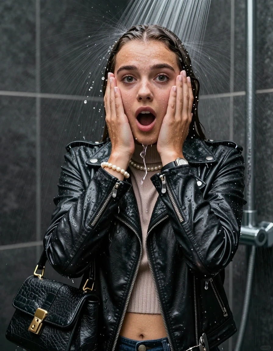 photo of young woman, in soaking wet, drenched clothes,
, , biker leatherjacket, knit turtleneck sweater belly free, handbag, pearl necklace, bracelet, wristwatch, Under the shower, strong jet of water, party shower, 
enjoying, wet clothes stuck to body,
detailed textures of the wet clothes, wet face, wet plastered hair,
wet, drenched, professional, high-quality details, full body view.
sharp focus, ultra-high pixel detail, realistic, high-quality, full colors, incredibly detailed, 4k, 8k, 16k, hyper-realistic, RAW photo, masterpiece, ultra-detailed, professionally color graded, professional photograph, sleek long straight hair

 15 years old  teenage girl

Only head and shoulders are over the surface visible. Looking at camera. The water splashes directly into her face. Hold her hands over her face.  open mouth, big eyes.

The girls wear different clothes.

she is completely underwater up to her neck, shocked and embarrassed expression. 

her clothing is soaking wet and clinging tightly to her skin, showing heavy wet folds, darkened fabric texture, and deep water-saturated Patches, her clothes are heavy from the water, water runs from her body and her clothes in streams. A lot of water also runs out of her clothes. Her clothes are darkened by the water. Her submerged clothes are good visible under the water.  she soaked her handbag into the water.

close up view, wet skin, wet clothes, wet hair, damp fabric, water runs down the clothes, wet skin, wet clothes, damp fabric. cinematic medium shot, hyper-realistic wetness, high-contrast water sheen, sharp focus, 16k resolution, professional photography, realistic water physics., wet skin, wet clothes, damp fabric, wet skin, wet clothes, damp fabric, wet skin, wet clothes, damp fabric