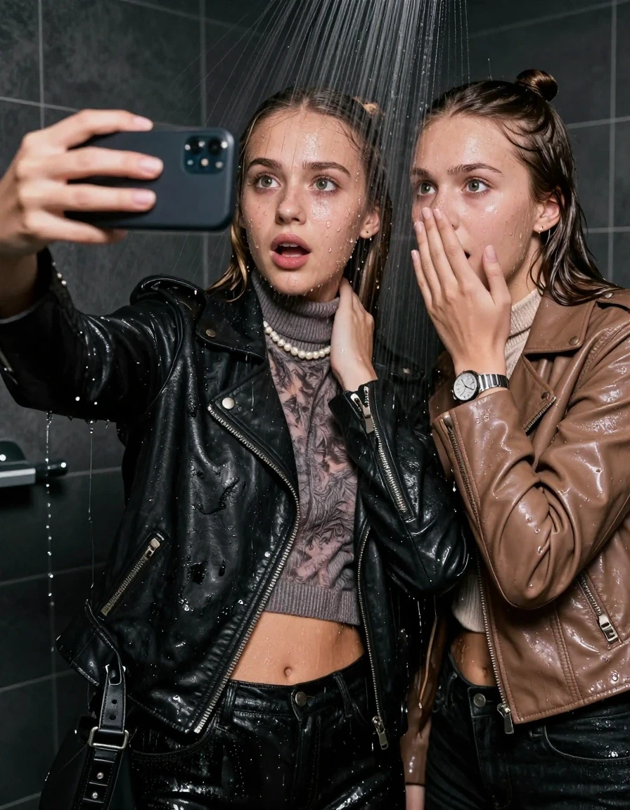 photo of young woman, in soaking wet, drenched clothes,
, , Black Biker leatherjacket and light brown leatherjacket, knit turtleneck sweater belly free, handbag, pearl necklace, bracelet, wristwatch, Under the shower, strong jet of water, party room, 
enjoying, wet clothes stuck to body,
detailed textures of the wet clothes, wet face, wet plastered hair,
wet, drenched, professional, high-quality details, full body view.
sharp focus, ultra-high pixel detail, realistic, high-quality, full colors, incredibly detailed, 4k, 8k, 16k, hyper-realistic, RAW photo, masterpiece, ultra-detailed, professionally color graded, professional photograph, sleek long straight hair and topknot

 two 15 years old  teenage girls

Only head and shoulders are over the surface visible. Open mouth, big eyes. Looking at camera. Hold her hand in front of her nose. one girl take a selfie with her smartphone.

The girls wear different clothes.

she is completely underwater up to her neck, afraid and astonished expression. 

her clothing is soaking wet and clinging tightly to her skin, showing heavy wet folds, darkened fabric texture, and deep water-saturated Patches, her clothes are heavy from the water, water runs from her body and her clothes in streams. A lot of water also runs out of her clothes. Her clothes are darkened by the water. Her submerged clothes are good visible under the water.  she soaked her handbag into the water.

close up view, wet skin, wet clothes, wet hair, damp fabric, water runs down the clothes, wet skin, wet clothes, damp fabric. cinematic medium shot, hyper-realistic wetness, high-contrast water sheen, sharp focus, 16k resolution, professional photography, realistic water physics., wet skin, wet clothes, damp fabric, wet skin, wet clothes, damp fabric, wet skin, wet clothes, damp fabric