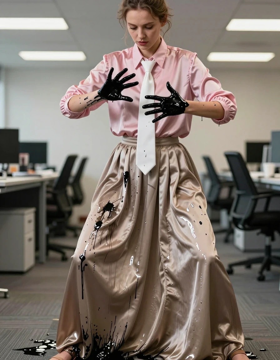A young adult European woman in a professional office, aggressively smearing thick black printer ink across her hands, forearms, and chest. She is wearing a pink satin long-sleeved oversized blouse with a crisp white necktie and a beige floor-length excessively long silk skirt with voluminous layers of petticoat underneath, worn with sandals. The silk fabric of the skirt and blouse is visibly soaked and wet, clinging to her skin with deep, darkened saturated patches, heavy wet folds, and strong glossy specular reflections where the ink and moisture mix. The ink is viscous and wet, coating her skin and staining the fabric in dark, messy streaks. The office setting features blurred desks and fluorescent lighting, captured in a sharp, photorealistic medium shot with professional cinematic lighting that highlights the wet sheen on the fabric and the glossy texture of the wet ink.