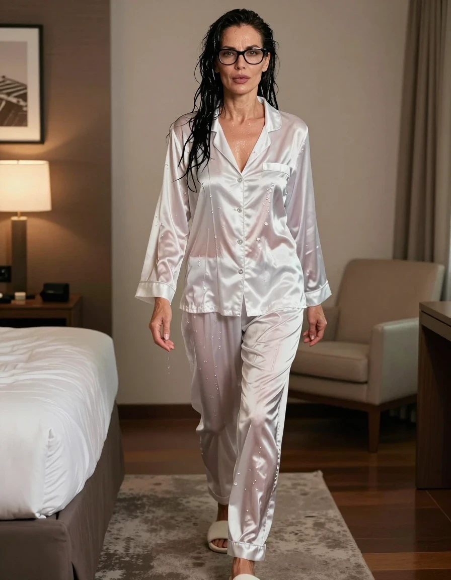 photo of young woman, in soaking wet, drenched clothes,
slippers, white silk satin pijama, white silk satin pijama, walking in hotel room, enjoying wet clothes stuck body, enjoying, wet clothes stuck to body, 
enjoying, wet clothes stuck to body,
detailed textures of the wet clothes, wet face, wet plastered hair,
wet, drenched, professional, high-quality details, full body view.
sharp focus, ultra-high pixel detail, realistic, high-quality, full colors, incredibly detailed, 4k, 8k, 16k, hyper-realistic, RAW photo, masterpiece, ultra-detailed, professionally color graded, professional photograph, europen brunette skinny woman 50 years old, long dark black hair, very big and thick lips,  office glasses, complete body, wet skin, wet clothes, damp fabric, wet skin, wet clothes, damp fabric, wet skin, wet clothes, damp fabric, wet skin, wet clothes, damp fabric, wet skin, wet clothes, damp fabric, wet skin, wet clothes, damp fabric, wet skin, wet clothes, damp fabric