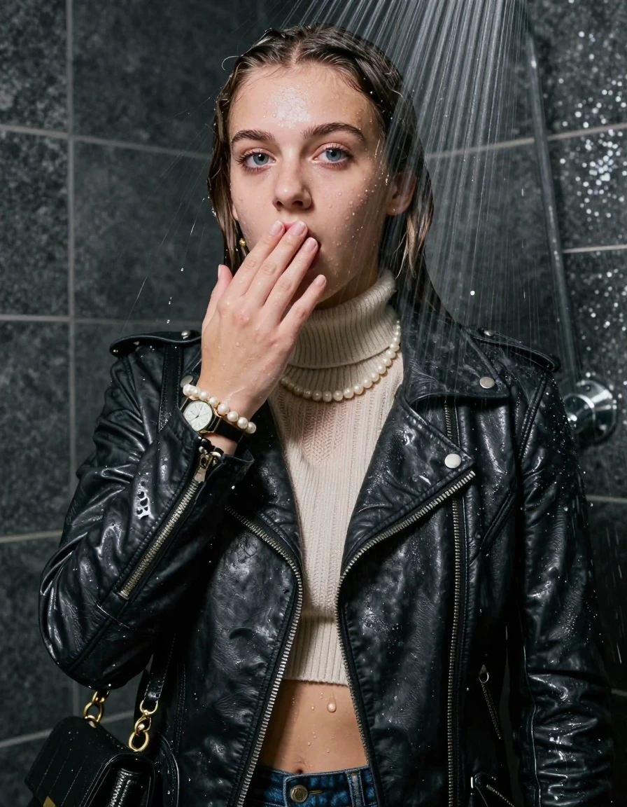 photo of young woman, in soaking wet, drenched clothes,
, , Biker leatherjacket, knit turtleneck sweater belly free, handbag, pearl necklace, bracelet, wristwatch, Under the shower, strong jet of water, party room, 
enjoying, wet clothes stuck to body,
detailed textures of the wet clothes, wet face, wet plastered hair,
wet, drenched, professional, high-quality details, full body view.
sharp focus, ultra-high pixel detail, realistic, high-quality, full colors, incredibly detailed, 4k, 8k, 16k, hyper-realistic, RAW photo, masterpiece, ultra-detailed, professionally color graded, professional photograph, sleek long straight hair

 15 years old  teenage girl

Only head and shoulders are over the surface visible. Open mouth, big eyes. Looking at camera. Hold her hand on her mouth.

The girls wear different clothes.

she is completely underwater up to her neck, surprised and astonished expression. 

her clothing is soaking wet and clinging tightly to her skin, showing heavy wet folds, darkened fabric texture, and deep water-saturated Patches, her clothes are heavy from the water, water runs from her body and her clothes in streams. A lot of water also runs out of her clothes. Her clothes are darkened by the water. Her submerged clothes are good visible under the water.  she soaked her handbag into the water.

close up view, wet skin, wet clothes, wet hair, damp fabric, water runs down the clothes, wet skin, wet clothes, damp fabric. cinematic medium shot, hyper-realistic wetness, high-contrast water sheen, sharp focus, 8k resolution, professional photography, realistic water physics., wet skin, wet clothes, damp fabric, wet skin, wet clothes, damp fabric