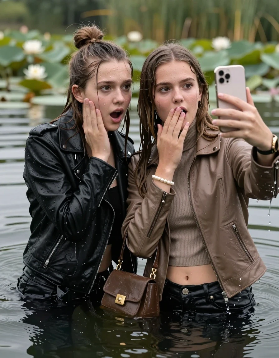 photo of young woman, in soaking wet, drenched clothes,
, , Black Biker leatherjacket and light brown leatherjacket, tight knit turtleneck sweater belly free, handbag, pearl necklace, bracelet, wristwatch, Emerging after diving in a lake with water lilies and reeds, 
enjoying, wet clothes stuck to body,
detailed textures of the wet clothes, wet face, wet plastered hair,
wet, drenched, professional, high-quality details, full body view.
sharp focus, ultra-high pixel detail, realistic, high-quality, full colors, incredibly detailed, 4k, 8k, 16k, hyper-realistic, RAW photo, masterpiece, ultra-detailed, professionally color graded, professional photograph, sleek long straight hair and topknot

 two 15 years old  teenage girls

Only head and shoulders are over the surface visible. Open mouth, big eyes. Looking at camera. one Hold her hand on her cheek. one hold one hand on her mouth and take with the other hand a selfie with her smartphone.

The girls wear different clothes.

she is completely underwater up to her neck, horny and astonished expression. 

her clothing is soaking wet and clinging tightly to her skin, showing heavy wet folds, darkened fabric texture, and deep water-saturated Patches, her clothes are heavy from the water, water runs from her body and her clothes in streams. A lot of water also runs out of her clothes. Her clothes are darkened by the water. Her submerged clothes are good visible under the water.  she soaked her handbag into the water.

close up view, wet skin, wet clothes, wet hair, damp fabric, water runs down the clothes, wet skin, wet clothes, damp fabric. cinematic medium shot, hyper-realistic wetness, high-contrast water sheen, sharp focus, 16k resolution, professional photography, realistic water physics., wet skin, wet clothes, damp fabric, wet skin, wet clothes, damp fabric, wet skin, wet clothes, damp fabric