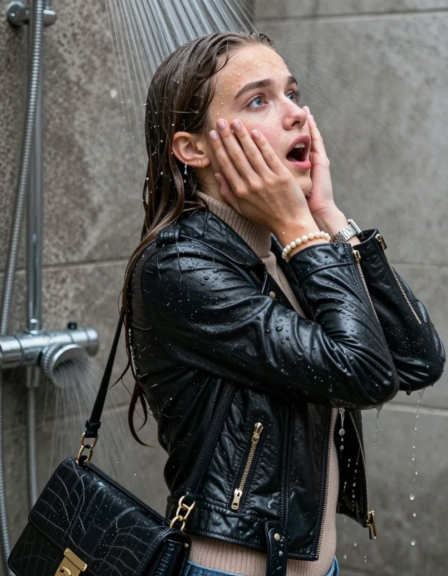 photo of young woman, in soaking wet, drenched clothes,
, , biker leatherjacket, knit turtleneck sweater belly free, handbag, pearl necklace, bracelet, wristwatch, Back view: Under the shower, strong jet of water, party shower, 
enjoying, wet clothes stuck to body,
detailed textures of the wet clothes, wet face, wet plastered hair,
wet, drenched, professional, high-quality details, full body view.
sharp focus, ultra-high pixel detail, realistic, high-quality, full colors, incredibly detailed, 4k, 8k, 16k, hyper-realistic, RAW photo, masterpiece, ultra-detailed, professionally color graded, professional photograph, sleek long straight hair

 15 years old  teenage girl

Only head and shoulders are over the surface visible. Looking back. The water splashes directly into her face. Hold her hands over her face.  open mouth, big eyes.

The girls wear different clothes.

she is completely underwater up to her neck, shocked and embarrassed expression. 

her clothing is soaking wet and clinging tightly to her skin, showing heavy wet folds, darkened fabric texture, and deep water-saturated Patches, her clothes are heavy from the water, water runs from her body and her clothes in streams. A lot of water also runs out of her clothes. Her clothes are darkened by the water. Her submerged clothes are good visible under the water.  she soaked her handbag into the water.

close up view, wet skin, wet clothes, wet hair, damp fabric, water runs down the clothes, wet skin, wet clothes, damp fabric. cinematic medium shot, hyper-realistic wetness, high-contrast water sheen, sharp focus, 16k resolution, professional photography, realistic water physics., wet skin, wet clothes, damp fabric, wet skin, wet clothes, damp fabric, wet skin, wet clothes, damp fabric