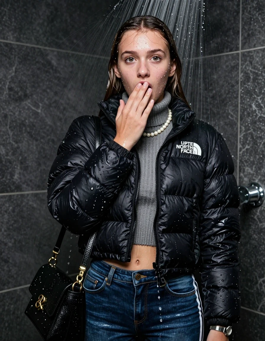 photo of young woman, in soaking wet, drenched clothes,
adidas samba black striped, skinny jeans, black nuptse north face puffer down jacket, knit turtleneck sweater belly free, handbag, pearl necklace, bracelet, wristwatch, Under the shower, strong jet of water, party shower, 
enjoying, wet clothes stuck to body,
detailed textures of the wet clothes, wet face, wet plastered hair,
wet, drenched, professional, high-quality details, full body view.
sharp focus, ultra-high pixel detail, realistic, high-quality, full colors, incredibly detailed, 4k, 8k, 16k, hyper-realistic, RAW photo, masterpiece, ultra-detailed, professionally color graded, professional photograph, sleek long straight hair

 15 years old  teenage girl

Only head and shoulders are over the surface visible. Looking at camera. Hold her hand on her mouth.  open mouth, big eyes.

The girls wear different clothes.

she is completely underwater up to her neck, shocked and embarrassed expression. 

her clothing is soaking wet and clinging tightly to her skin, showing heavy wet folds, darkened fabric texture, and deep water-saturated Patches, her clothes are heavy from the water, water runs from her body and her clothes in streams. A lot of water also runs out of her clothes. Her clothes are darkened by the water. Her submerged clothes are good visible under the water.  she soaked her handbag into the water.

close up view, wet skin, wet clothes, wet hair, damp fabric, water runs down the clothes, wet skin, wet clothes, damp fabric. cinematic medium shot, hyper-realistic wetness, high-contrast water sheen, sharp focus, 8k resolution, professional photography, realistic water physics., wet skin, wet clothes, damp fabric, wet skin, wet clothes, damp fabric, wet skin, wet clothes, damp fabric