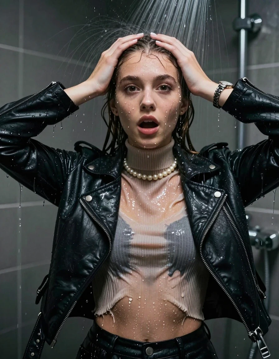 photo of young woman, in soaking wet, drenched clothes,
, , Biker leatherjacket, Tight knit turtleneck sweater belly free, handbag, pearl necklace, bracelet, wristwatch, Under the shower, strong jet of water, party room, 
enjoying, wet clothes stuck to body,
detailed textures of the wet clothes, wet face, wet plastered hair,
wet, drenched, professional, high-quality details, full body view.
sharp focus, ultra-high pixel detail, realistic, high-quality, full colors, incredibly detailed, 4k, 8k, 16k, hyper-realistic, RAW photo, masterpiece, ultra-detailed, professionally color graded, professional photograph, sleek long straight hair

 15 years old  teenage girl

Only head and shoulders are over the surface visible. Open mouth, big eyes. Looking at camera. Hold her hands on her forehead.

The girls wear different clothes.

she is completely underwater up to her neck, surprised and astonished expression. 

her clothing is soaking wet and clinging tightly to her skin, showing heavy wet folds, darkened fabric texture, and deep water-saturated Patches, her clothes are heavy from the water, water runs from her body and her clothes in streams. A lot of water also runs out of her clothes. Her clothes are darkened by the water. Her submerged clothes are good visible under the water.  she soaked her handbag into the water.

close up view, wet skin, wet clothes, wet hair, damp fabric, water runs down the clothes, wet skin, wet clothes, damp fabric. cinematic medium shot, hyper-realistic wetness, high-contrast water sheen, sharp focus, 8k resolution, professional photography, realistic water physics., wet skin, wet clothes, damp fabric, wet skin, wet clothes, damp fabric