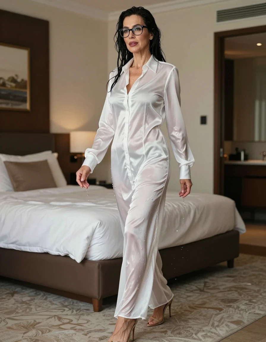 photo of young woman, in soaking wet, drenched clothes,
stilletto shoes, maxi white flared silk satin shirt dress, maxi white flared silk satin shirt dress, after swim in hotel room, enjoying wet clothes stuck body, enjoying, wet clothes stuck to body, 
enjoying, wet clothes stuck to body,
detailed textures of the wet clothes, wet face, wet plastered hair,
wet, drenched, professional, high-quality details, full body view.
sharp focus, ultra-high pixel detail, realistic, high-quality, full colors, incredibly detailed, 4k, 8k, 16k, hyper-realistic, RAW photo, masterpiece, ultra-detailed, professionally color graded, professional photograph, europen brunette skinny woman 50 years old, long dark black hair, very big and thick lips,  office glasses, complete body, wet skin, wet clothes, damp fabric, wet skin, wet clothes, damp fabric, wet skin, wet clothes, damp fabric, wet skin, wet clothes, damp fabric, wet skin, wet clothes, damp fabric, wet skin, wet clothes, damp fabric, wet skin, wet clothes, damp fabric