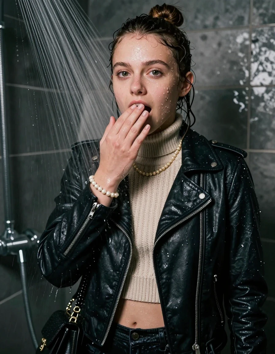 photo of young woman, in soaking wet, drenched clothes,
, , Biker leatherjacket, knit turtleneck sweater belly free, handbag, pearl necklace, bracelet, wristwatch, Under the shower, strong jet of water, party room, 
enjoying, wet clothes stuck to body,
detailed textures of the wet clothes, wet face, wet plastered hair,
wet, drenched, professional, high-quality details, full body view.
sharp focus, ultra-high pixel detail, realistic, high-quality, full colors, incredibly detailed, 4k, 8k, 16k, hyper-realistic, RAW photo, masterpiece, ultra-detailed, professionally color graded, professional photograph, topknot

 15 years old  teenage girl

Only head and shoulders are over the surface visible. Open mouth, big eyes. Looking at camera. Hold her hand on her mouth.

The girls wear different clothes.

she is completely underwater up to her neck, afraid and astonished expression but she giggles anyway. 

her clothing is soaking wet and clinging tightly to her skin, showing heavy wet folds, darkened fabric texture, and deep water-saturated Patches, her clothes are heavy from the water, water runs from her body and her clothes in streams. A lot of water also runs out of her clothes. Her clothes are darkened by the water. Her submerged clothes are good visible under the water.  she soaked her handbag into the water.

close up view, wet skin, wet clothes, wet hair, damp fabric, water runs down the clothes, wet skin, wet clothes, damp fabric. cinematic medium shot, hyper-realistic wetness, high-contrast water sheen, sharp focus, 8k resolution, professional photography, realistic water physics., wet skin, wet clothes, damp fabric, wet skin, wet clothes, damp fabric