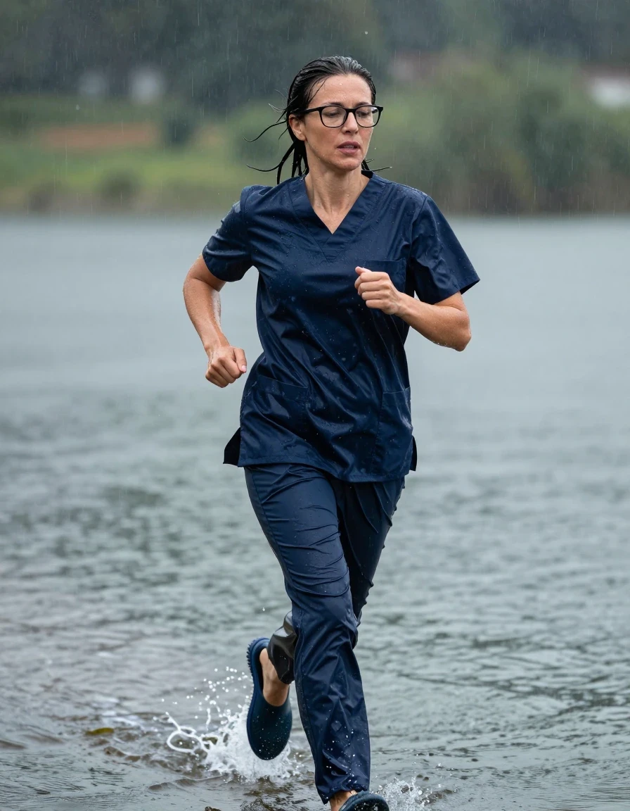 photo of young woman, in soaking wet, drenched clothes,
slippers, dark blue scrubs, dark blue scrubs, running in the lake under hard rain, enjoying wet clothes stuck body, enjoying, wet clothes stuck to body, 
enjoying, wet clothes stuck to body,
detailed textures of the wet clothes, wet face, wet plastered hair,
wet, drenched, professional, high-quality details, full body view.
sharp focus, ultra-high pixel detail, realistic, high-quality, full colors, incredibly detailed, 4k, 8k, 16k, hyper-realistic, RAW photo, masterpiece, ultra-detailed, professionally color graded, professional photograph, europen brunette skinny woman 50 years old, long dark black hair, very big and thick lips,  office glasses, complete body, wet skin, wet clothes, damp fabric, wet skin, wet clothes, damp fabric, wet skin, wet clothes, damp fabric, wet skin, wet clothes, damp fabric, wet skin, wet clothes, damp fabric, wet skin, wet clothes, damp fabric, wet skin, wet clothes, damp fabric