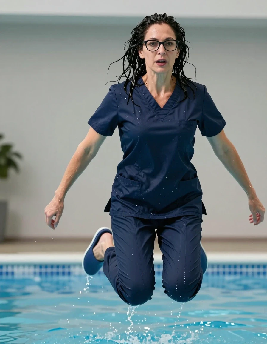 photo of young woman, in soaking wet, drenched clothes,
slippers, dark blue scrubs, dark blue scrubs, jumping in pool, enjoying wet clothes stuck body, enjoying, wet clothes stuck to body, 
enjoying, wet clothes stuck to body,
detailed textures of the wet clothes, wet face, wet plastered hair,
wet, drenched, professional, high-quality details, full body view.
sharp focus, ultra-high pixel detail, realistic, high-quality, full colors, incredibly detailed, 4k, 8k, 16k, hyper-realistic, RAW photo, masterpiece, ultra-detailed, professionally color graded, professional photograph, europen brunette skinny woman 50 years old, long dark black hair, very big and thick lips,  office glasses, complete body, wet skin, wet clothes, damp fabric, wet skin, wet clothes, damp fabric, wet skin, wet clothes, damp fabric, wet skin, wet clothes, damp fabric, wet skin, wet clothes, damp fabric, wet skin, wet clothes, damp fabric, wet skin, wet clothes, damp fabric