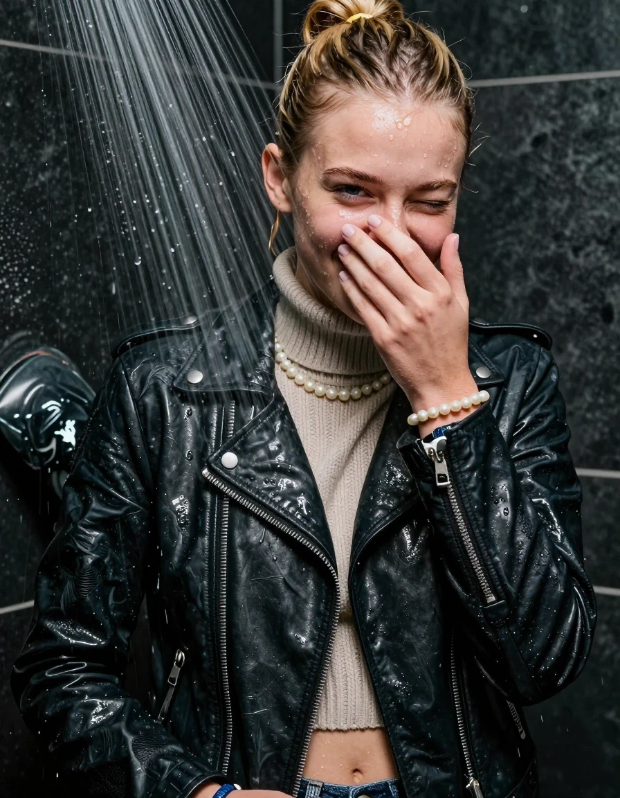 photo of young woman, in soaking wet, drenched clothes,
, , Biker leatherjacket, knit turtleneck sweater belly free, handbag, pearl necklace, bracelet, wristwatch, Under the shower, strong jet of water, party room, 
enjoying, wet clothes stuck to body,
detailed textures of the wet clothes, wet face, wet plastered hair,
wet, drenched, professional, high-quality details, full body view.
sharp focus, ultra-high pixel detail, realistic, high-quality, full colors, incredibly detailed, 4k, 8k, 16k, hyper-realistic, RAW photo, masterpiece, ultra-detailed, professionally color graded, professional photograph, Blonde topknot

 13-years-old  teenage girl

Only head and shoulders are over the surface visible. Looking at camera. Hold one hand over her mouth and nose. half closed eyes.

The girls wear different clothes.

she is completely underwater up to her neck, shy and awkward expression, but she giggles. 

her clothing is soaking wet and clinging tightly to her skin, showing heavy wet folds, darkened fabric texture, and deep water-saturated Patches, her clothes are heavy from the water, water runs from her body and her clothes in streams. A lot of water also runs out of her clothes. Her clothes are darkened by the water. Her submerged clothes are good visible under the water.  she soaked her handbag into the water.

close up view, wet skin, wet clothes, wet hair, damp fabric, water runs down the clothes, wet skin, wet clothes, damp fabric. cinematic medium shot, hyper-realistic wetness, high-contrast water sheen, sharp focus, 16k resolution, professional photography, realistic water physics., wet skin, wet clothes, damp fabric, wet skin, wet clothes, damp fabric, wet skin, wet clothes, damp fabric
