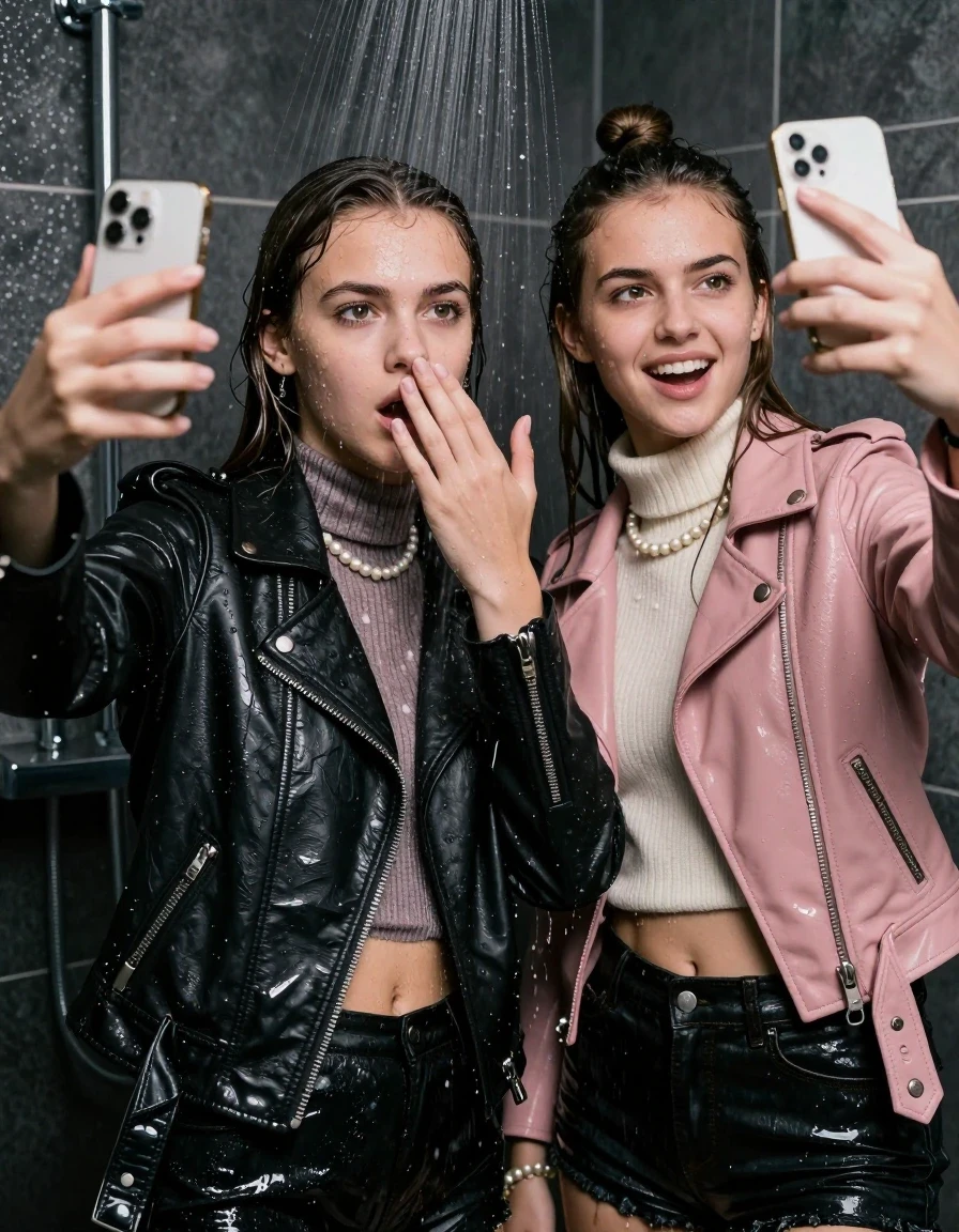 photo of young woman, in soaking wet, drenched clothes,
, , Black Biker leatherjacket and light pink leatherjacket, knit turtleneck sweater belly free, handbag, pearl necklace, bracelet, wristwatch, Under the shower, strong jet of water, party room, 
enjoying, wet clothes stuck to body,
detailed textures of the wet clothes, wet face, wet plastered hair,
wet, drenched, professional, high-quality details, full body view.
sharp focus, ultra-high pixel detail, realistic, high-quality, full colors, incredibly detailed, 4k, 8k, 16k, hyper-realistic, RAW photo, masterpiece, ultra-detailed, professionally color graded, professional photograph, sleek long straight hair and topknot

 two 15 years old  teenage girls

Only head and shoulders are over the surface visible. Looking at camera. Hold her hand in front of her nose. Slightly open mouth, Squinted eyes. one girl take a selfie with her smartphone.

The girls wear different clothes.

she is completely underwater up to her neck, afraid and astonished expression but they grin anyway.

her clothing is soaking wet and clinging tightly to her skin, showing heavy wet folds, darkened fabric texture, and deep water-saturated Patches, her clothes are heavy from the water, water runs from her body and her clothes in streams. A lot of water also runs out of her clothes. Her clothes are darkened by the water. Her submerged clothes are good visible under the water.  she soaked her handbag into the water.

close up view, wet skin, wet clothes, wet hair, damp fabric, water runs down the clothes, wet skin, wet clothes, damp fabric. cinematic medium shot, hyper-realistic wetness, high-contrast water sheen, sharp focus, 16k resolution, professional photography, realistic water physics., wet skin, wet clothes, damp fabric, wet skin, wet clothes, damp fabric, wet skin, wet clothes, damp fabric, wet skin, wet clothes, damp fabric