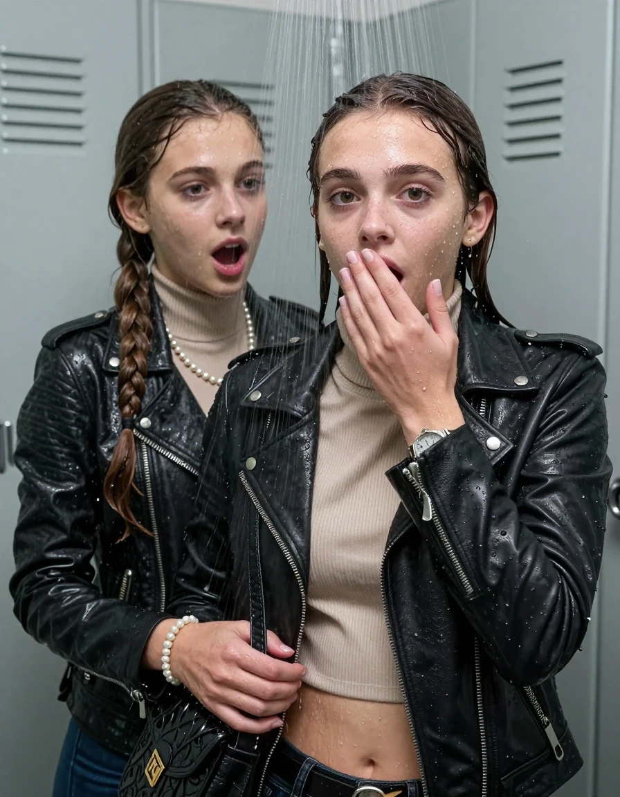 photo of young woman, in soaking wet, drenched clothes,
, , Biker leatherjacket, Tight knit turtleneck sweater belly free, handbag, pearl necklace, bracelet, wristwatch, Under the shower, strong jet of water, lokker room, 
enjoying, wet clothes stuck to body,
detailed textures of the wet clothes, wet face, wet plastered hair,
wet, drenched, professional, high-quality details, full body view.
sharp focus, ultra-high pixel detail, realistic, high-quality, full colors, incredibly detailed, 4k, 8k, 16k, hyper-realistic, RAW photo, masterpiece, ultra-detailed, professionally color graded, professional photograph, sleek long twisted ponytail

Two 15 years old  teenage girl

Only head and shoulders are over the surface visible. Open mouth, big eyes. Looking at camera. Hold her hand over her mouth.

she is completely underwater up to her neck, surprised and astonished expression. 

her submerged clothes are hardly vusible under water, she soaked her handbag into the water

close up view, wet skin, wet clothes, wet hair, damp fabric, water runs down the clothes, wet skin, wet clothes, damp fabric., wet skin, wet clothes, damp fabric, wet skin, wet clothes, damp fabric, wet skin, wet clothes, damp fabric, wet skin, wet clothes, damp fabric, wet skin, wet clothes, damp fabric, wet skin, wet clothes, damp fabric, wet skin, wet clothes, damp fabric, wet skin, wet clothes, damp fabric, wet skin, wet clothes, damp fabric