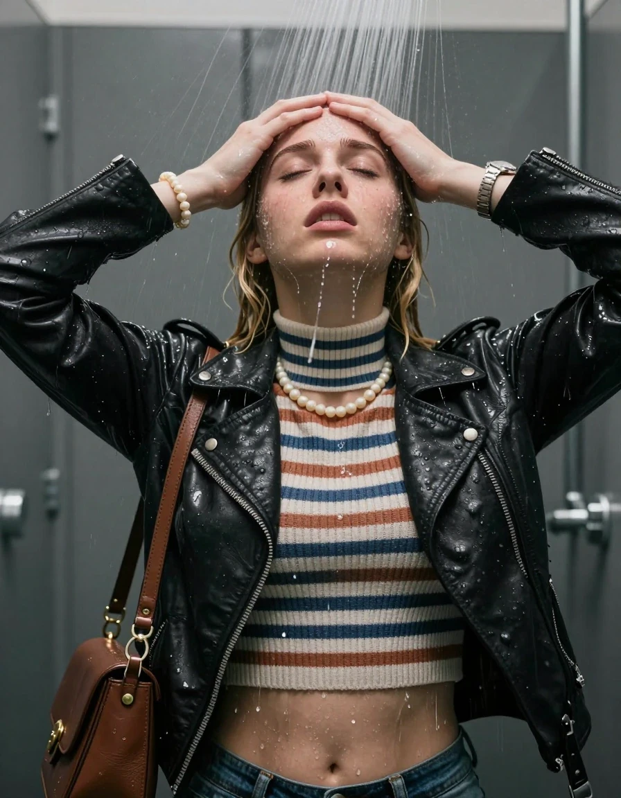 photo of young woman, in soaking wet, drenched clothes,
, , Biker leatherjacket, striped knit turtleneck sweater belly free, handbag, pearl necklace, bracelet, wristwatch, Under the shower, strong jet of water, locker room, 
enjoying, wet clothes stuck to body,
detailed textures of the wet clothes, wet face, wet plastered hair,
wet, drenched, professional, high-quality details, full body view.
sharp focus, ultra-high pixel detail, realistic, high-quality, full colors, incredibly detailed, 4k, 8k, 16k, hyper-realistic, RAW photo, masterpiece, ultra-detailed, professionally color graded, professional photograph, blonde pigtails

 15 years old  teenage girl

Only head and shoulders are over the surface visible. Looking up. Hold her hands over her forehead. closed eyes.

The girls wear different clothes.

she is completely underwater up to her neck, afraid and embarrassed expression. 

her clothing is soaking wet and clinging tightly to her skin, showing heavy wet folds, darkened fabric texture, and deep water-saturated Patches, her clothes are heavy from the water, water runs from her body and her clothes in streams. A lot of water also runs out of her clothes. Her clothes are darkened by the water. Her submerged clothes are good visible under the water.  she soaked her handbag into the water.

close up view, wet skin, wet clothes, wet hair, damp fabric, water runs down the clothes, wet skin, wet clothes, damp fabric. cinematic medium shot, hyper-realistic wetness, high-contrast water sheen, sharp focus, 8k resolution, professional photography, realistic water physics., wet skin, wet clothes, damp fabric, wet skin, wet clothes, damp fabric, wet skin, wet clothes, damp fabric