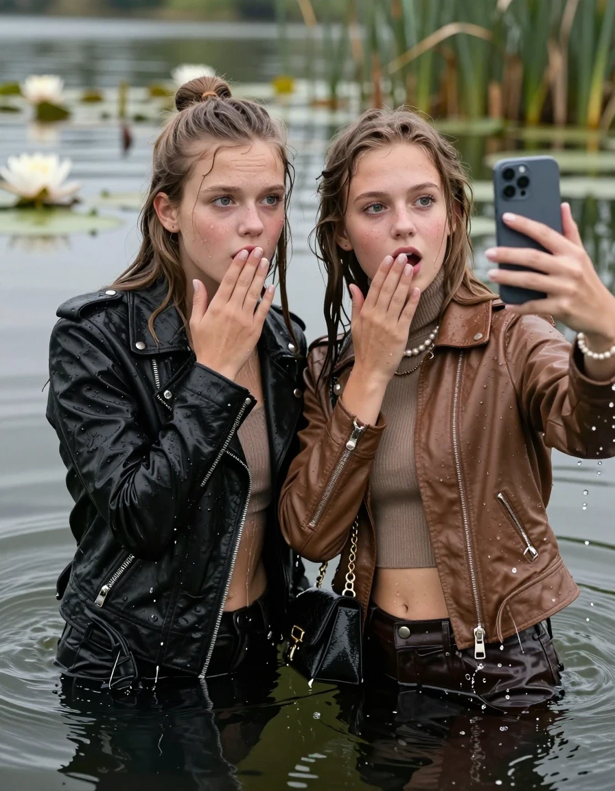 photo of young woman, in soaking wet, drenched clothes,
, , Black Biker leatherjacket and light brown leatherjacket, tight knit turtleneck sweater belly free, handbag, pearl necklace, bracelet, wristwatch, Emerging after diving in a lake with water lilies and reeds, 
enjoying, wet clothes stuck to body,
detailed textures of the wet clothes, wet face, wet plastered hair,
wet, drenched, professional, high-quality details, full body view.
sharp focus, ultra-high pixel detail, realistic, high-quality, full colors, incredibly detailed, 4k, 8k, 16k, hyper-realistic, RAW photo, masterpiece, ultra-detailed, professionally color graded, professional photograph, sleek long straight hair and topknot

 two 15 years old  teenage girls

Only head and shoulders are over the surface visible. Open mouth, big eyes. Looking at camera. one Hold her hands onver her mouth. one hold one hand on her mouth and take with the other hand a selfie with her smartphone.

The girls wear different clothes.

she is completely underwater up to her neck, horny and astonished expression. 

her clothing is soaking wet and clinging tightly to her skin, showing heavy wet folds, darkened fabric texture, and deep water-saturated Patches, her clothes are heavy from the water, water runs from her body and her clothes in streams. A lot of water also runs out of her clothes. Her clothes are darkened by the water. Her submerged clothes are good visible under the water.  she soaked her handbag into the water.

close up view, wet skin, wet clothes, wet hair, damp fabric, water runs down the clothes, wet skin, wet clothes, damp fabric. cinematic medium shot, hyper-realistic wetness, high-contrast water sheen, sharp focus, 16k resolution, professional photography, realistic water physics., wet skin, wet clothes, damp fabric, wet skin, wet clothes, damp fabric, wet skin, wet clothes, damp fabric