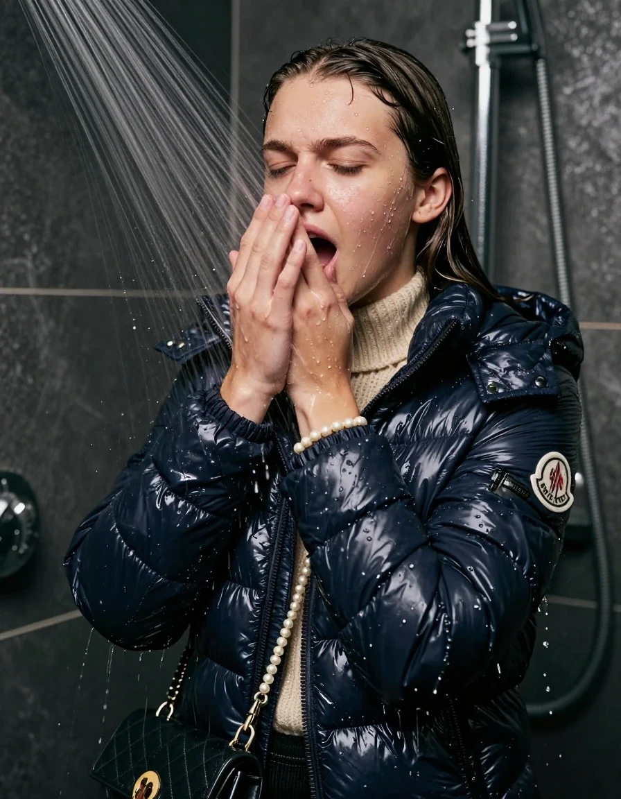 photo of young woman, in soaking wet, drenched clothes,
, , moncler shiny puffer down jacket, knit turtleneck sweater belly free, handbag, pearl necklace, bracelet, wristwatch, Under the shower, strong jet of water, party shower, 
enjoying, wet clothes stuck to body,
detailed textures of the wet clothes, wet face, wet plastered hair,
wet, drenched, professional, high-quality details, full body view.
sharp focus, ultra-high pixel detail, realistic, high-quality, full colors, incredibly detailed, 4k, 8k, 16k, hyper-realistic, RAW photo, masterpiece, ultra-detailed, professionally color graded, professional photograph, sleek long straight hair

 15 years old  teenage girl

Only head and shoulders are over the surface visible. Looking at camera. Hold her hand in front of her nose. open mouth, closed eyes.

The girls wear different clothes.

she is completely underwater up to her neck, shocked and embarrassed expression. 

her clothing is soaking wet and clinging tightly to her skin, showing heavy wet folds, darkened fabric texture, and deep water-saturated Patches, her clothes are heavy from the water, water runs from her body and her clothes in streams. A lot of water also runs out of her clothes. Her clothes are darkened by the water. Her submerged clothes are good visible under the water.  she soaked her handbag into the water.

close up view, wet skin, wet clothes, wet hair, damp fabric, water runs down the clothes, wet skin, wet clothes, damp fabric. cinematic medium shot, hyper-realistic wetness, high-contrast water sheen, sharp focus, 8k resolution, professional photography, realistic water physics., wet skin, wet clothes, damp fabric, wet skin, wet clothes, damp fabric, wet skin, wet clothes, damp fabric