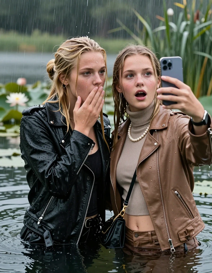 photo of young woman, in soaking wet, drenched clothes,
, , Black Biker leatherjacket and light brown leatherjacket, tight knit turtleneck sweater belly free, handbag, pearl necklace, bracelet, wristwatch, Emerging after diving in a lake with water lilies and reeds, heavy rain falls directely on her heads, 
enjoying, wet clothes stuck to body,
detailed textures of the wet clothes, wet face, wet plastered hair,
wet, drenched, professional, high-quality details, full body view.
sharp focus, ultra-high pixel detail, realistic, high-quality, full colors, incredibly detailed, 4k, 8k, 16k, hyper-realistic, RAW photo, masterpiece, ultra-detailed, professionally color graded, professional photograph, blonde sleek long straight hair and sleek bun

 two 15 years old  teenage girls

Only head and shoulders are over the surface visible. Open mouth, big eyes. Looking at camera. one Hold her hands onver her mouth. one hold one hand on her mouth and take with the other hand a selfie with her smartphone.

The girls wear different clothes.

she is completely underwater up to her neck, horny and astonished expression. 

her clothing is soaking wet and clinging tightly to her skin, showing heavy wet folds, darkened fabric texture, and deep water-saturated Patches, her clothes are heavy from the water, water runs from her body and her clothes in streams. A lot of water also runs out of her clothes. Her clothes are darkened by the water. Her submerged clothes are good visible under the water.  she soaked her handbag into the water.

close up view, wet skin, wet clothes, wet hair, damp fabric, water runs down the clothes, wet skin, wet clothes, damp fabric. cinematic medium shot, hyper-realistic wetness, high-contrast water sheen, sharp focus, 16k resolution, professional photography, realistic water physics., wet skin, wet clothes, damp fabric, wet skin, wet clothes, damp fabric, wet skin, wet clothes, damp fabric