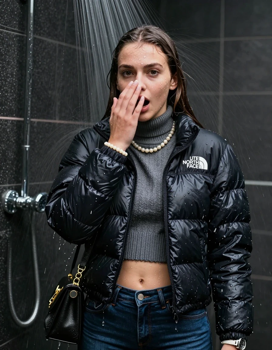 photo of young woman, in soaking wet, drenched clothes,
, skinny jeans, black nuptse north face puffer down jacket, knit turtleneck sweater belly free, handbag, pearl necklace, bracelet, wristwatch, Under the shower, strong jet of water, party shower, 
enjoying, wet clothes stuck to body,
detailed textures of the wet clothes, wet face, wet plastered hair,
wet, drenched, professional, high-quality details, full body view.
sharp focus, ultra-high pixel detail, realistic, high-quality, full colors, incredibly detailed, 4k, 8k, 16k, hyper-realistic, RAW photo, masterpiece, ultra-detailed, professionally color graded, professional photograph, sleek long straight hair

 15 years old  teenage girl

Only head and shoulders are over the surface visible. Looking at camera. Hold her hand on in front of her nose.  open mouth, big eyes.

The girls wear different clothes.

she is completely underwater up to her neck, shocked and embarrassed expression. 

her clothing is soaking wet and clinging tightly to her skin, showing heavy wet folds, darkened fabric texture, and deep water-saturated Patches, her clothes are heavy from the water, water runs from her body and her clothes in streams. A lot of water also runs out of her clothes. Her clothes are darkened by the water. Her submerged clothes are good visible under the water.  she soaked her handbag into the water.

close up view, wet skin, wet clothes, wet hair, damp fabric, water runs down the clothes, wet skin, wet clothes, damp fabric. cinematic medium shot, hyper-realistic wetness, high-contrast water sheen, sharp focus, 8k resolution, professional photography, realistic water physics., wet skin, wet clothes, damp fabric, wet skin, wet clothes, damp fabric, wet skin, wet clothes, damp fabric