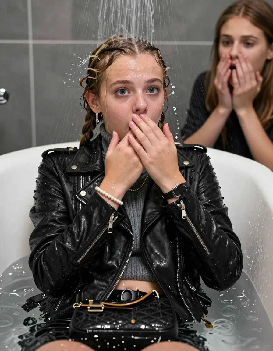 photo of young woman, in soaking wet, drenched clothes,
, , Black biker leatherjacket, knit turtleneck sweater belly free, handbag, pearl necklace, bracelet, wristwatch, 15-year-old teenage Girl relaxing directly under a heavy powerful stream of water in a bathtube of a modern bathroom, a shocked friend sits beside the tube and watching her, 
enjoying, wet clothes stuck to body,
detailed textures of the wet clothes, wet face, wet plastered hair,
wet, drenched, professional, high-quality details, full body view.
sharp focus, ultra-high pixel detail, realistic, high-quality, full colors, incredibly detailed, 4k, 8k, 16k, hyper-realistic, RAW photo, masterpiece, ultra-detailed, professionally color graded, professional photograph, Behind view: 15-year-old teenage girl.
wet plastered hair. Blonde boxer braids

 15 years old  teenage girl

Only head and shoulders are over the surface visible. Looking slightly away. The water splashes directly into her face. Hold her hand over her mouth.  open mouth, big eyes.

The girls wear different clothes.

she is completely underwater up to her neck, afraid and astonished expression. 

her clothing is soaking wet and clinging tightly to her skin, showing heavy wet folds, darkened fabric texture, and deep water-saturated Patches, her clothes are heavy from the water, water runs from her body and her clothes in streams. A lot of water also runs out of her clothes. Her clothes are darkened by the water. Her submerged clothes are good visible under the water.  she soaked her handbag into the water.

close up view, wet skin, wet clothes, wet hair, damp fabric, water runs down the clothes, wet skin, wet clothes, damp fabric. cinematic medium shot, hyper-realistic wetness, high-contrast water sheen, sharp focus, 16k resolution, professional photography, realistic water physics., wet skin, wet clothes, damp fabric, wet skin, wet clothes, damp fabric, wet skin, wet clothes, damp fabric, wet skin, wet clothes, damp fabric, wet skin, wet clothes, damp fabric, wet skin, wet clothes, damp fabric