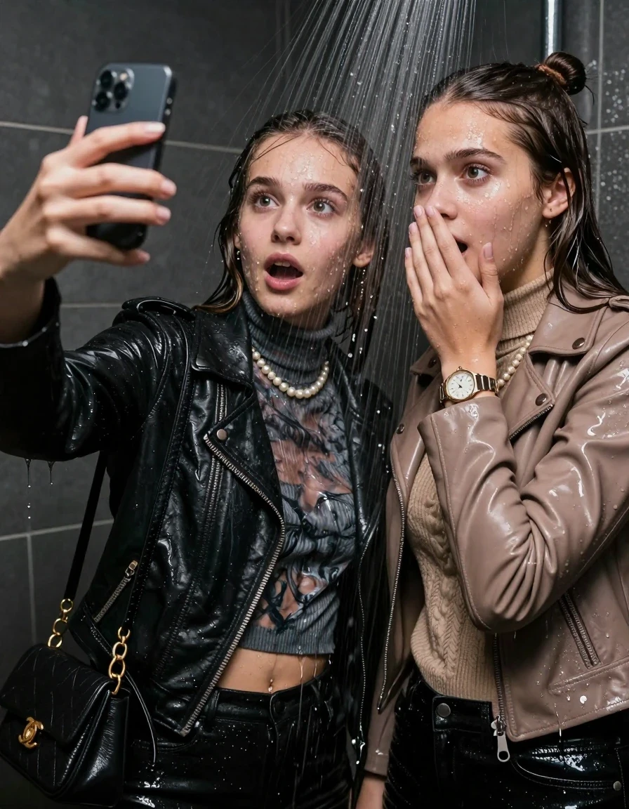 photo of young woman, in soaking wet, drenched clothes,
, , Black Biker leatherjacket and light brown leatherjacket, knit turtleneck sweater belly free, handbag, pearl necklace, bracelet, wristwatch, Under the shower, strong jet of water, party room, 
enjoying, wet clothes stuck to body,
detailed textures of the wet clothes, wet face, wet plastered hair,
wet, drenched, professional, high-quality details, full body view.
sharp focus, ultra-high pixel detail, realistic, high-quality, full colors, incredibly detailed, 4k, 8k, 16k, hyper-realistic, RAW photo, masterpiece, ultra-detailed, professionally color graded, professional photograph, sleek long straight hair and topknot

 two 15 years old  teenage girls

Only head and shoulders are over the surface visible. Open mouth, big eyes. Looking at camera. Hold her hand in front of her nose. one girl take a selfie with her smartphone.

The girls wear different clothes.

she is completely underwater up to her neck, afraid and astonished expression. 

her clothing is soaking wet and clinging tightly to her skin, showing heavy wet folds, darkened fabric texture, and deep water-saturated Patches, her clothes are heavy from the water, water runs from her body and her clothes in streams. A lot of water also runs out of her clothes. Her clothes are darkened by the water. Her submerged clothes are good visible under the water.  she soaked her handbag into the water.

close up view, wet skin, wet clothes, wet hair, damp fabric, water runs down the clothes, wet skin, wet clothes, damp fabric. cinematic medium shot, hyper-realistic wetness, high-contrast water sheen, sharp focus, 16k resolution, professional photography, realistic water physics., wet skin, wet clothes, damp fabric, wet skin, wet clothes, damp fabric, wet skin, wet clothes, damp fabric