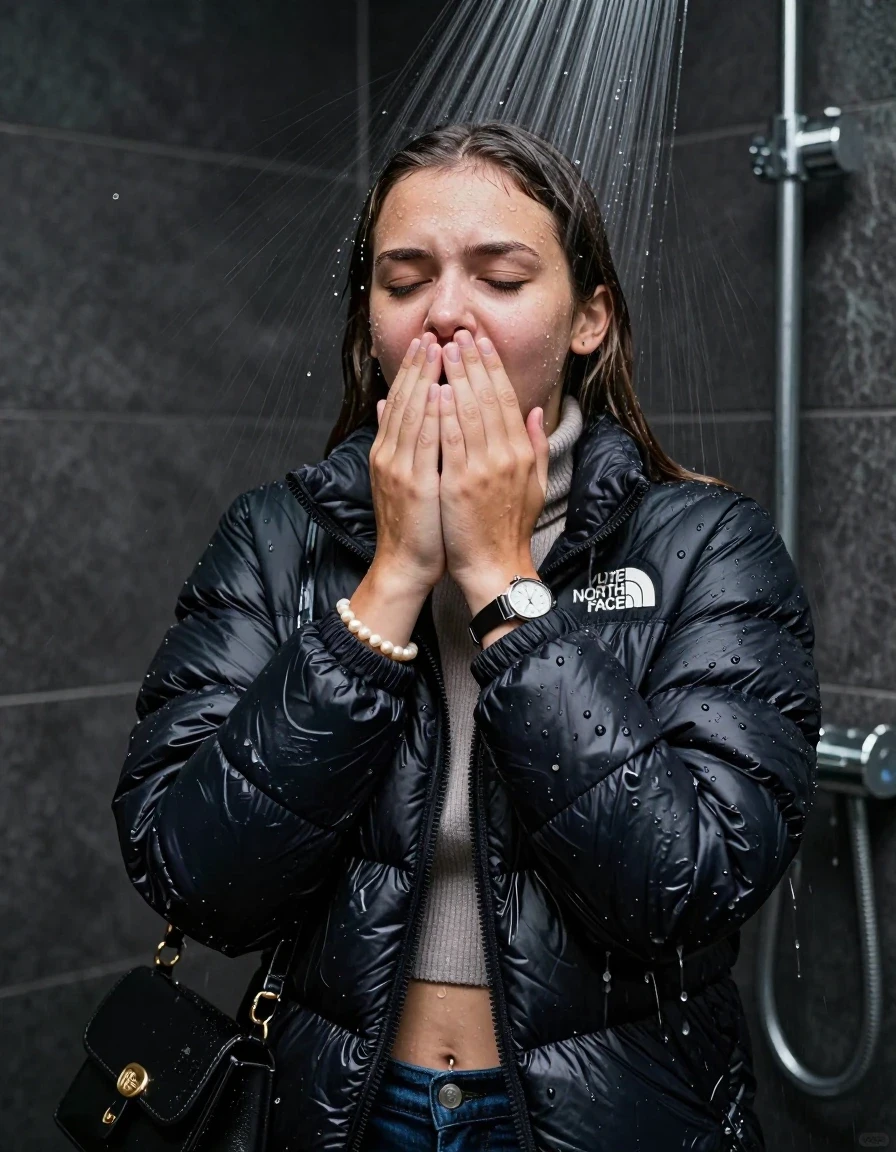photo of young woman, in soaking wet, drenched clothes,
, skinny jeans, black nuptse north face puffer down jacket, knit turtleneck sweater belly free, handbag, pearl necklace, bracelet, wristwatch, Under the shower, strong jet of water, party shower, 
enjoying, wet clothes stuck to body,
detailed textures of the wet clothes, wet face, wet plastered hair,
wet, drenched, professional, high-quality details, full body view.
sharp focus, ultra-high pixel detail, realistic, high-quality, full colors, incredibly detailed, 4k, 8k, 16k, hyper-realistic, RAW photo, masterpiece, ultra-detailed, professionally color graded, professional photograph, sleek long straight hair

 15 years old  teenage girl

Only head and shoulders are over the surface visible. Looking up directely in the water stream. Hold her hands in front of her nose.  open mouth, closed eyes.

The girls wear different clothes.

she is completely underwater up to her neck, shocked and embarrassed expression. 

her clothing is soaking wet and clinging tightly to her skin, showing heavy wet folds, darkened fabric texture, and deep water-saturated Patches, her clothes are heavy from the water, water runs from her body and her clothes in streams. A lot of water also runs out of her clothes. Her clothes are darkened by the water. Her submerged clothes are good visible under the water.  she soaked her handbag into the water.

close up view, wet skin, wet clothes, wet hair, damp fabric, water runs down the clothes, wet skin, wet clothes, damp fabric. cinematic medium shot, hyper-realistic wetness, high-contrast water sheen, sharp focus, 8k resolution, professional photography, realistic water physics., wet skin, wet clothes, damp fabric, wet skin, wet clothes, damp fabric, wet skin, wet clothes, damp fabric