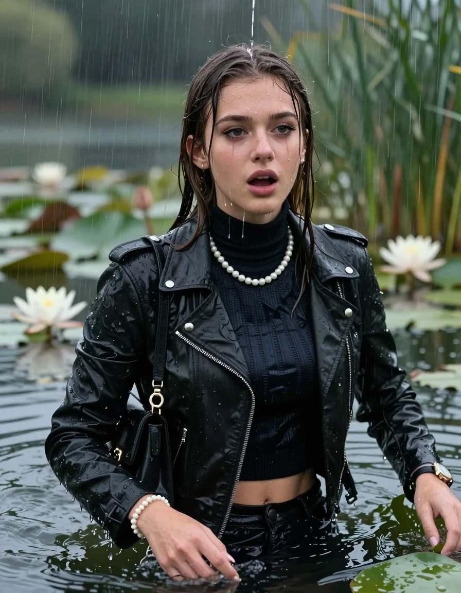 photo of young woman, in soaking wet, drenched clothes,
, , Black Biker leatherjacket, tight knit turtleneck sweater belly free, handbag, pearl necklace, bracelet, wristwatch, drowning in a lake with water lilies and reeds, heavy rain falls directely on her heads, 
enjoying, wet clothes stuck to body,
detailed textures of the wet clothes, wet face, wet plastered hair,
wet, drenched, professional, high-quality details, full body view.
sharp focus, ultra-high pixel detail, realistic, high-quality, full colors, incredibly detailed, 4k, 8k, 16k, hyper-realistic, RAW photo, masterpiece, ultra-detailed, professionally color graded, professional photograph, sleek long straight hair

15 years old  teenage girls

Only head and shoulders are over the surface visible. Open mouth, big eyes. Eyeliner is running down the cheeks.

The girls wear different clothes.

she is completely underwater up to her neck, horny and astonished expression. 

her clothing is soaking wet and clinging tightly to her skin, showing heavy wet folds, darkened fabric texture, and deep water-saturated Patches, her clothes are heavy from the water, water runs from her body and her clothes in streams. A lot of water also runs out of her clothes. Her clothes are darkened by the water. Her submerged clothes are good visible under the water.  she soaked her handbag into the water.

close up view, wet skin, wet clothes, wet hair, damp fabric, water runs down the clothes, wet skin, wet clothes, damp fabric. cinematic medium shot, hyper-realistic wetness, high-contrast water sheen, sharp focus, 16k resolution, professional photography, realistic water physics., wet skin, wet clothes, damp fabric, wet skin, wet clothes, damp fabric, wet skin, wet clothes, damp fabric